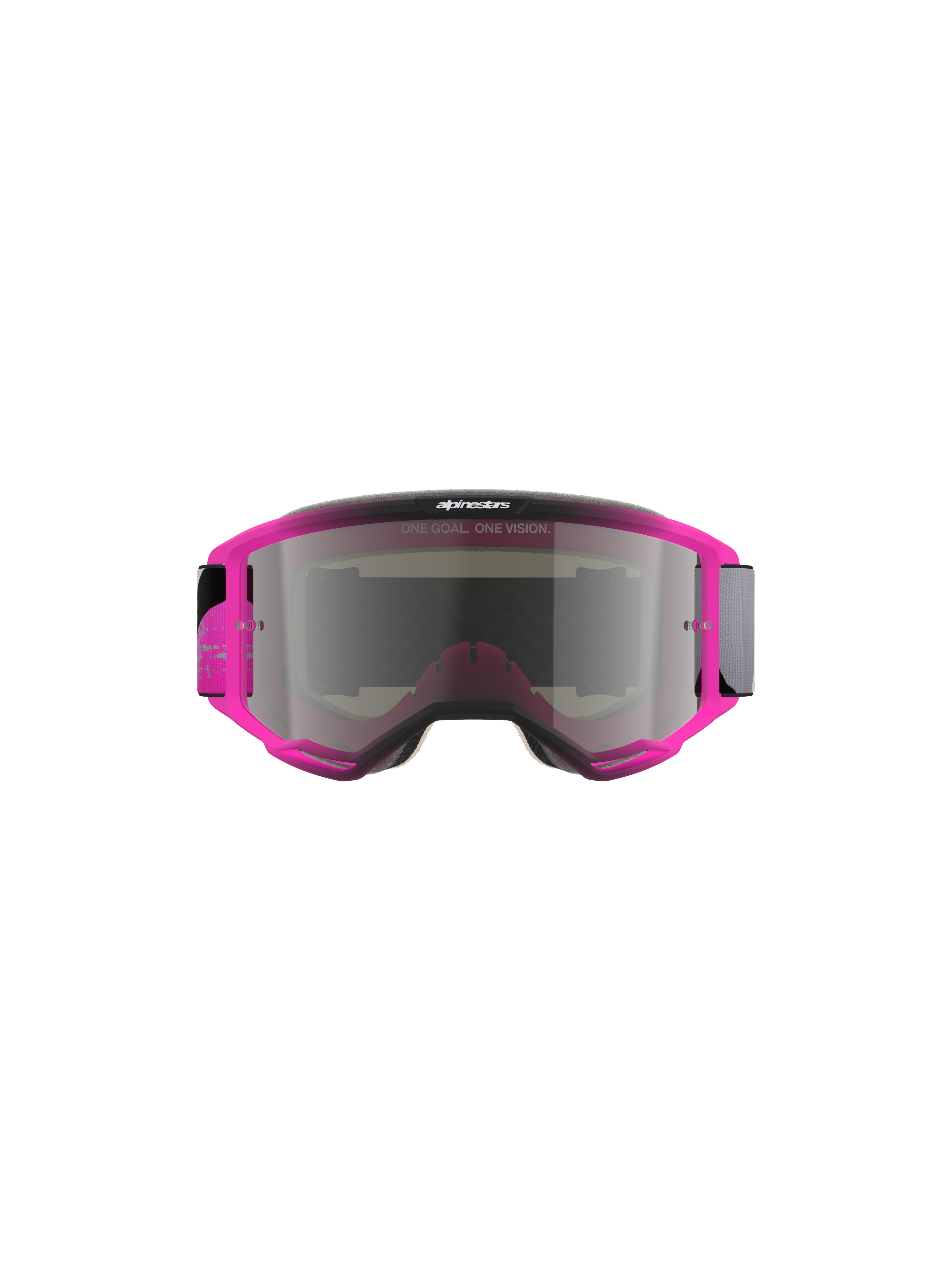 Alpinestars Vision 5 Lahnd Goggles, motocrossglasögon, Iron Pink Fluo med Mirror Silver-lins, klarrosa båge med silvertonad spegellins, har texten 'ONE GOAL. ONE VISION.', strömlinjeformad aerodynamisk design för terrängkörning