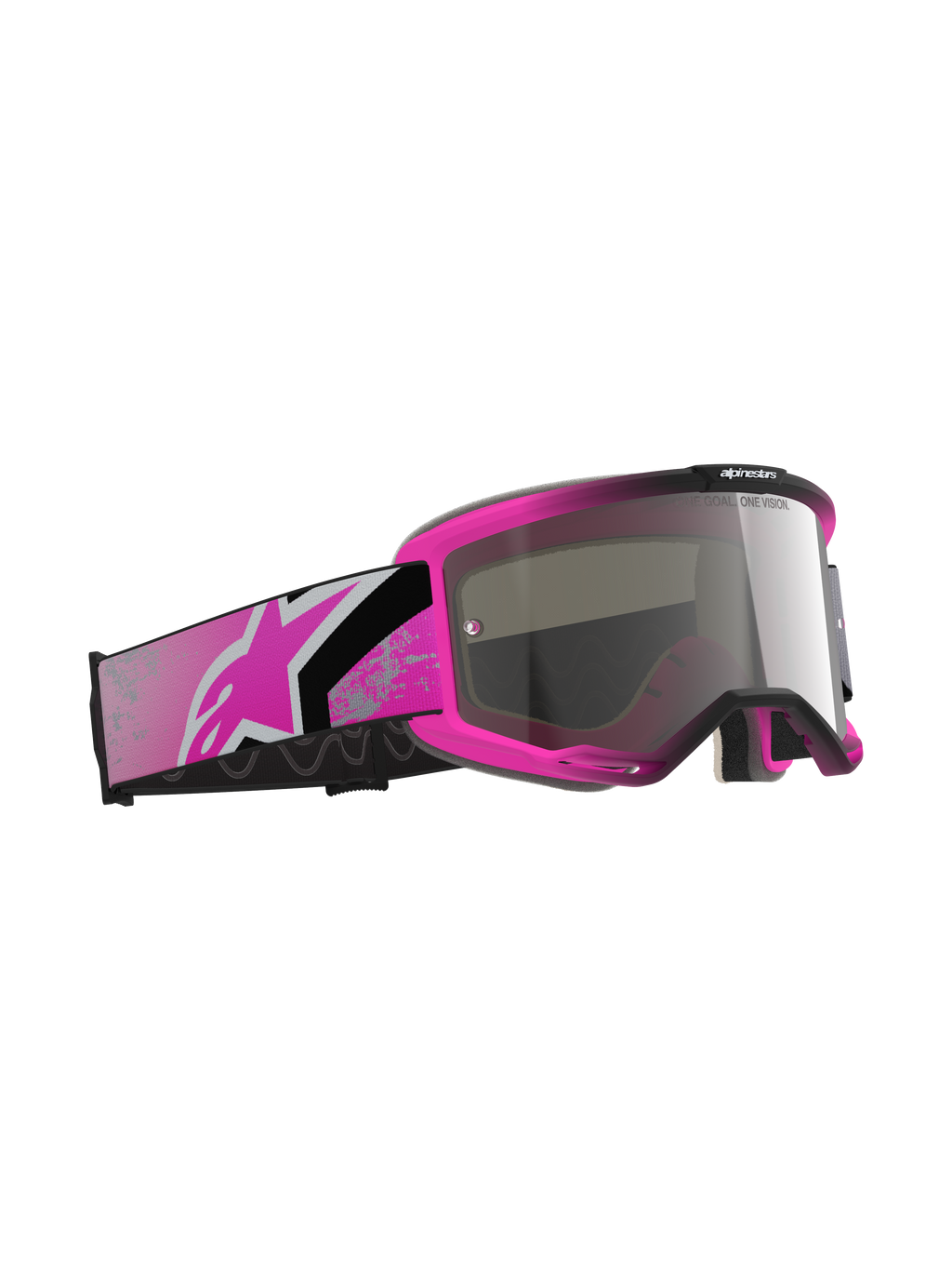 Alpinestars Vision 5 Lahnd Goggles, motocrossglasögon, Iron Pink Fluo och Mirror Silver, starkrosa ram med spegelglas i silver, brett rosa och svart band med en rosa Astars-logotyp, racingglasögon för terrängkörning