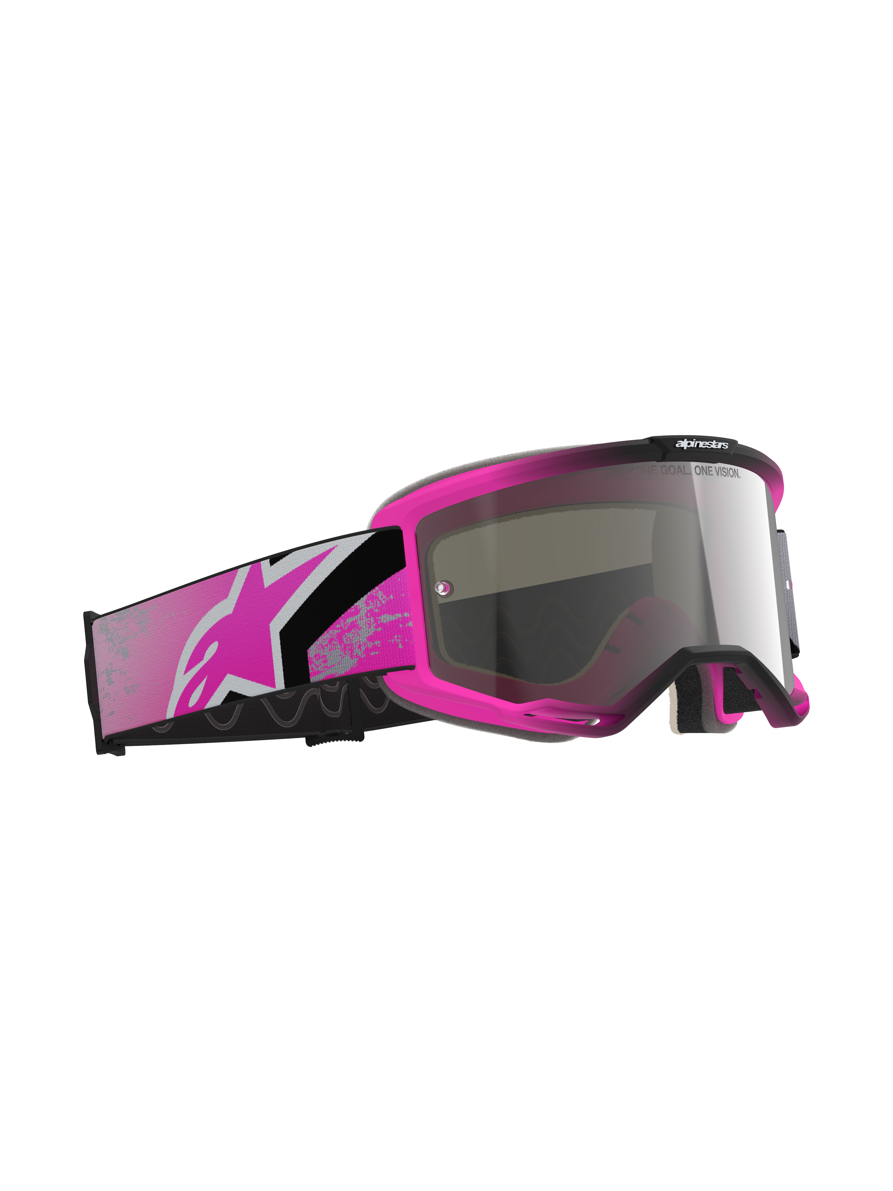 Alpinestars Vision 5 Lahnd Goggles, motocrossglasögon, Iron Pink Fluo och Mirror Silver, starkrosa ram med spegelglas i silver, brett rosa och svart band med en rosa Astars-logotyp, racingglasögon för terrängkörning