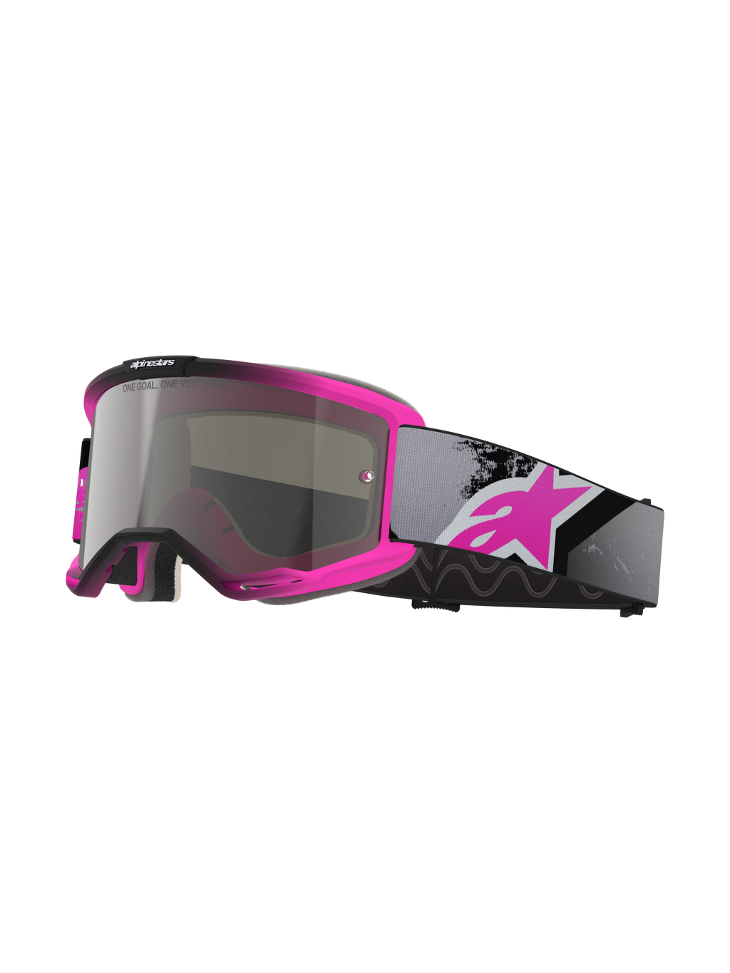 Alpinestars Vision 5 Lahnd goggles, motocrossglasögon, neonrosa och svart, spegelsilvertonad lins med texten 'One Goal One Vision', justerbart grått band med stor rosa logotyp, ventilerad uretanram för terrängprestanda