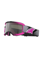 Alpinestars Vision 5 Lahnd goggles, motocrossglasögon, neonrosa och svart, spegelsilvertonad lins med texten 'One Goal One Vision', justerbart grått band med stor rosa logotyp, ventilerad uretanram för terrängprestanda
