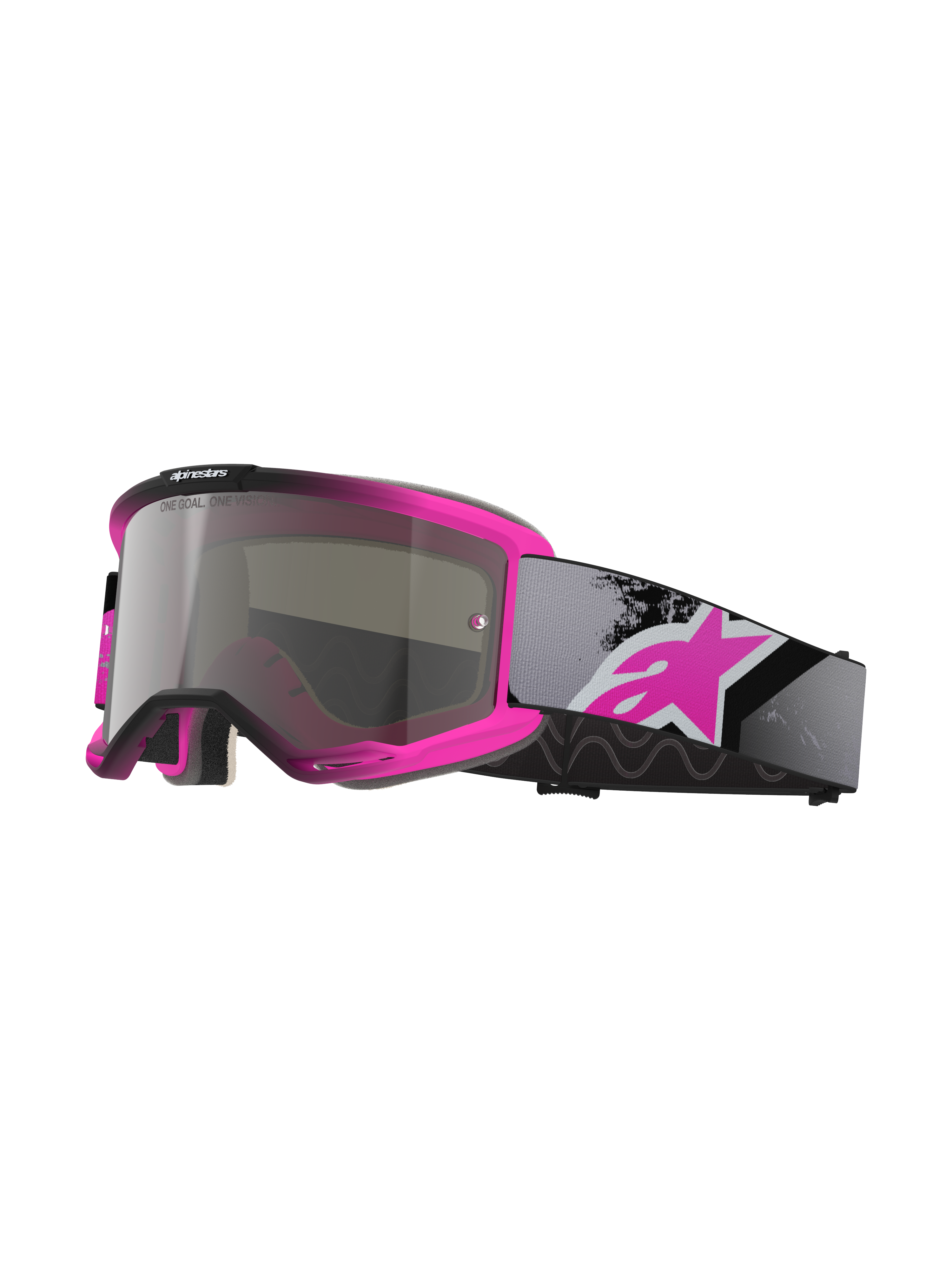 Alpinestars Vision 5 Lahnd goggles, motocrossglasögon, neonrosa och svart, spegelsilvertonad lins med texten 'One Goal One Vision', justerbart grått band med stor rosa logotyp, ventilerad uretanram för terrängprestanda