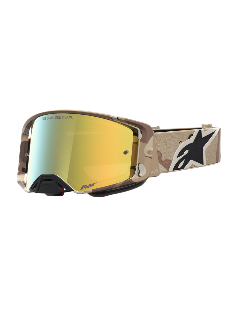 Alpinestars Supertech Lone goggles, motocross-goggles i ökenkamouflage med spegelglas i guld, högkvalitativ optik och brett band med Alpinestars-logotyp för terrängkörning