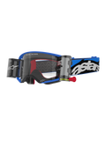 Alpinestars Supertech Stream goggles, motocrossglasögon, blå ram med klart glas och integrerade roll-off-behållare, röda invändiga detaljer, blått och svart band med tydlig vit logotyp, professionella skyddsglasögon för terrängkörning