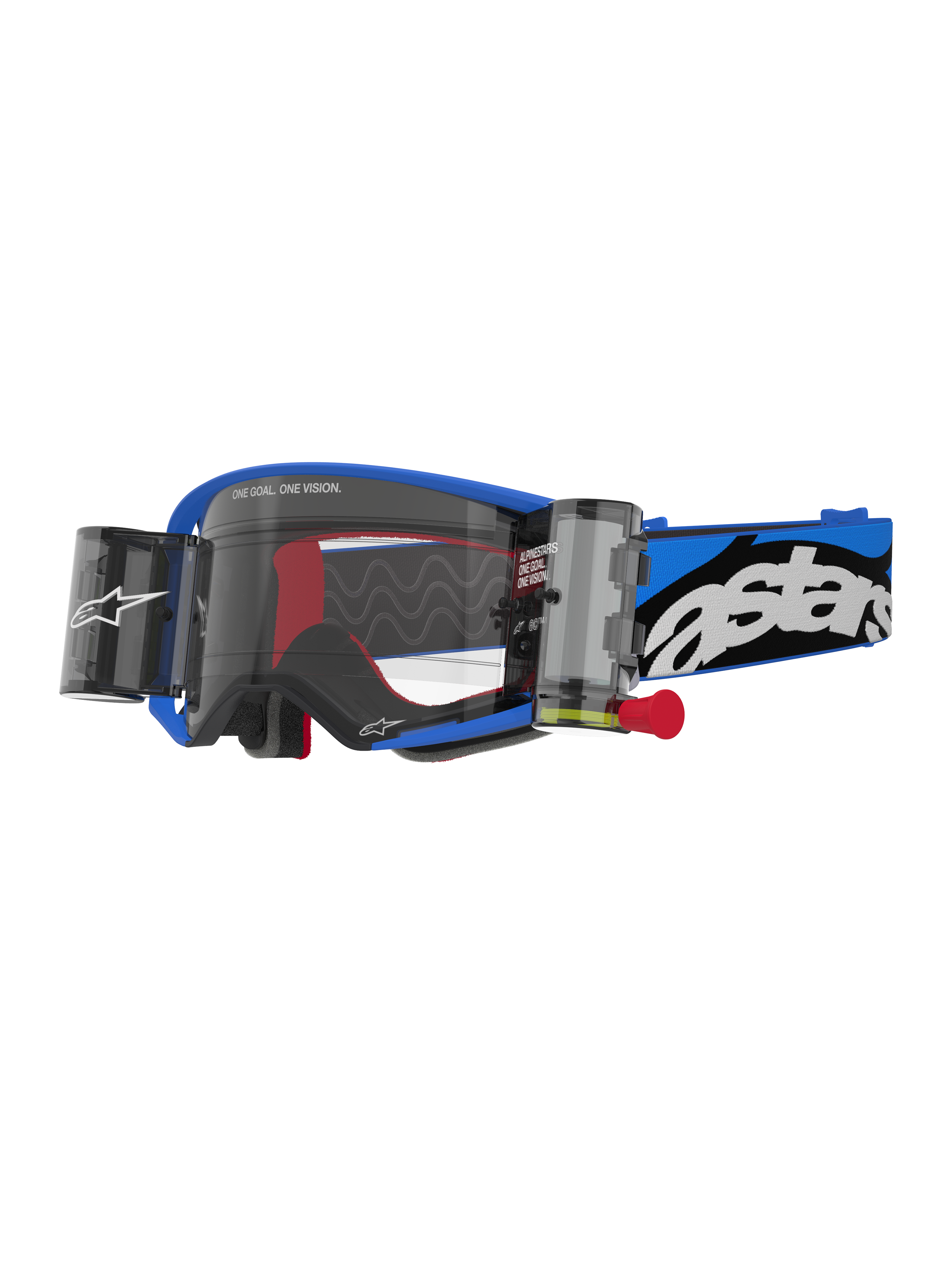 Alpinestars Supertech Stream goggles, motocrossglasögon, blå ram med klart glas och integrerade roll-off-behållare, röda invändiga detaljer, blått och svart band med tydlig vit logotyp, professionella skyddsglasögon för terrängkörning