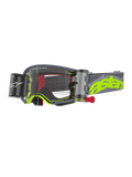 Alpinestars Supertech Stream Goggles, motocrossglasögon, grå och neongula, med en klar lins och integrerat Wide Vision Roll-Off-system, kassetter på vardera sida med en röd dragknopp, vågformiga silikonglidlinjer, justerbart grått band med stor neongul astars-logotyp, högpresterande ögonskydd för terrängkörning