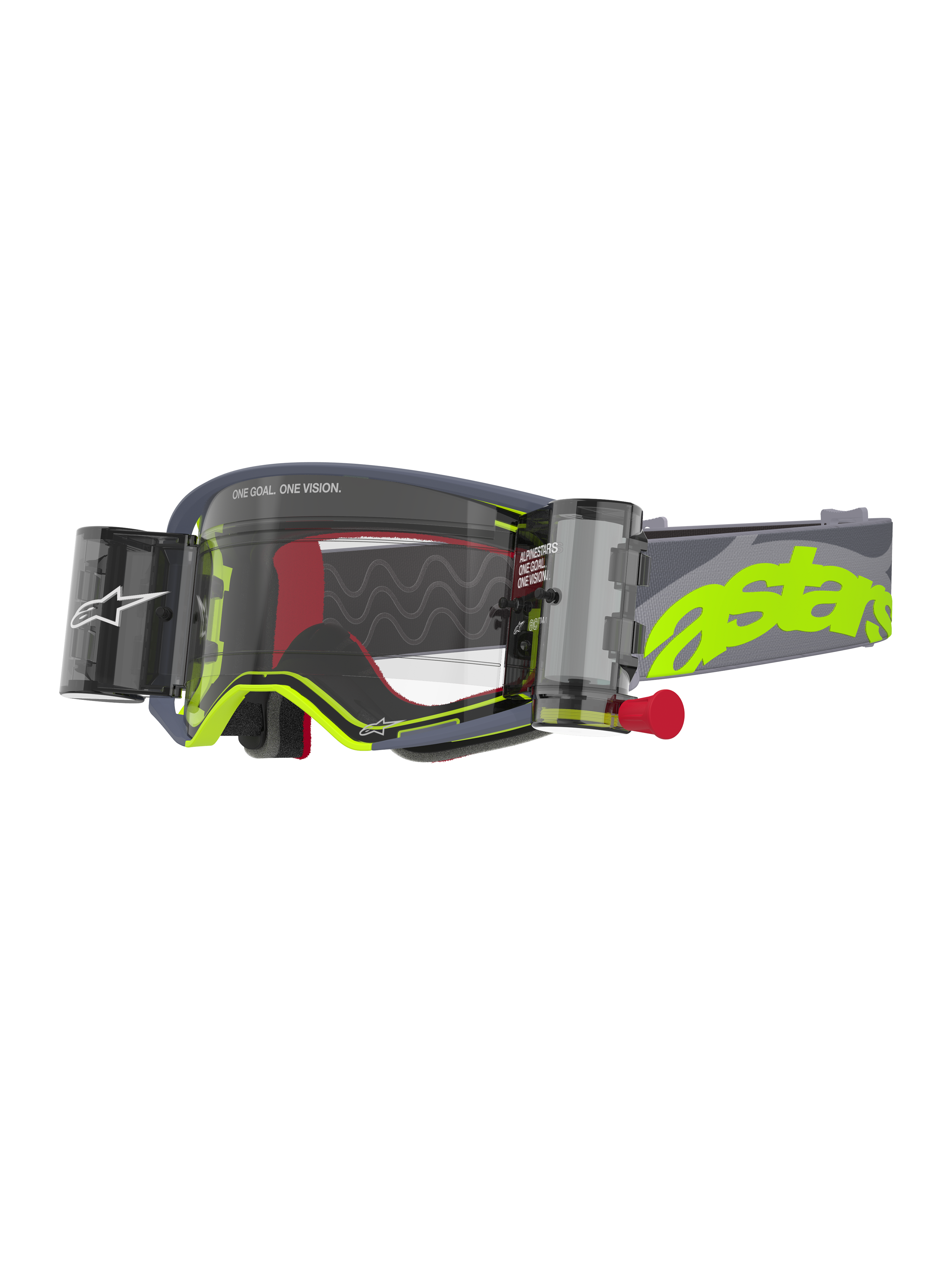 Alpinestars Supertech Stream Goggles, motocrossglasögon, grå och neongula, med en klar lins och integrerat Wide Vision Roll-Off-system, kassetter på vardera sida med en röd dragknopp, vågformiga silikonglidlinjer, justerbart grått band med stor neongul astars-logotyp, högpresterande ögonskydd för terrängkörning