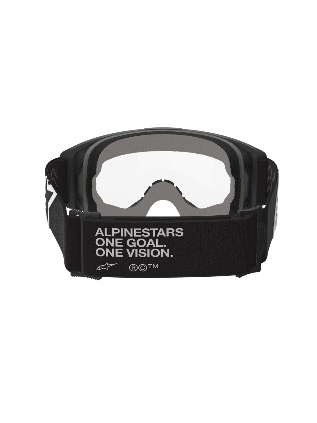 Alpinestars Vision Goggles OTG, motocrossglasögon, svarta och grå, vy bakifrån som visar bred svart vävd rem med varumärkets slogan, flerskiktat grått ansiktsskum, klar lins, designade för att bäras över glasögon