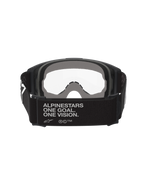 Alpinestars Vision Goggles OTG, motocrossglasögon, svarta och grå, vy bakifrån som visar bred svart vävd rem med varumärkets slogan, flerskiktat grått ansiktsskum, klar lins, designade för att bäras över glasögon