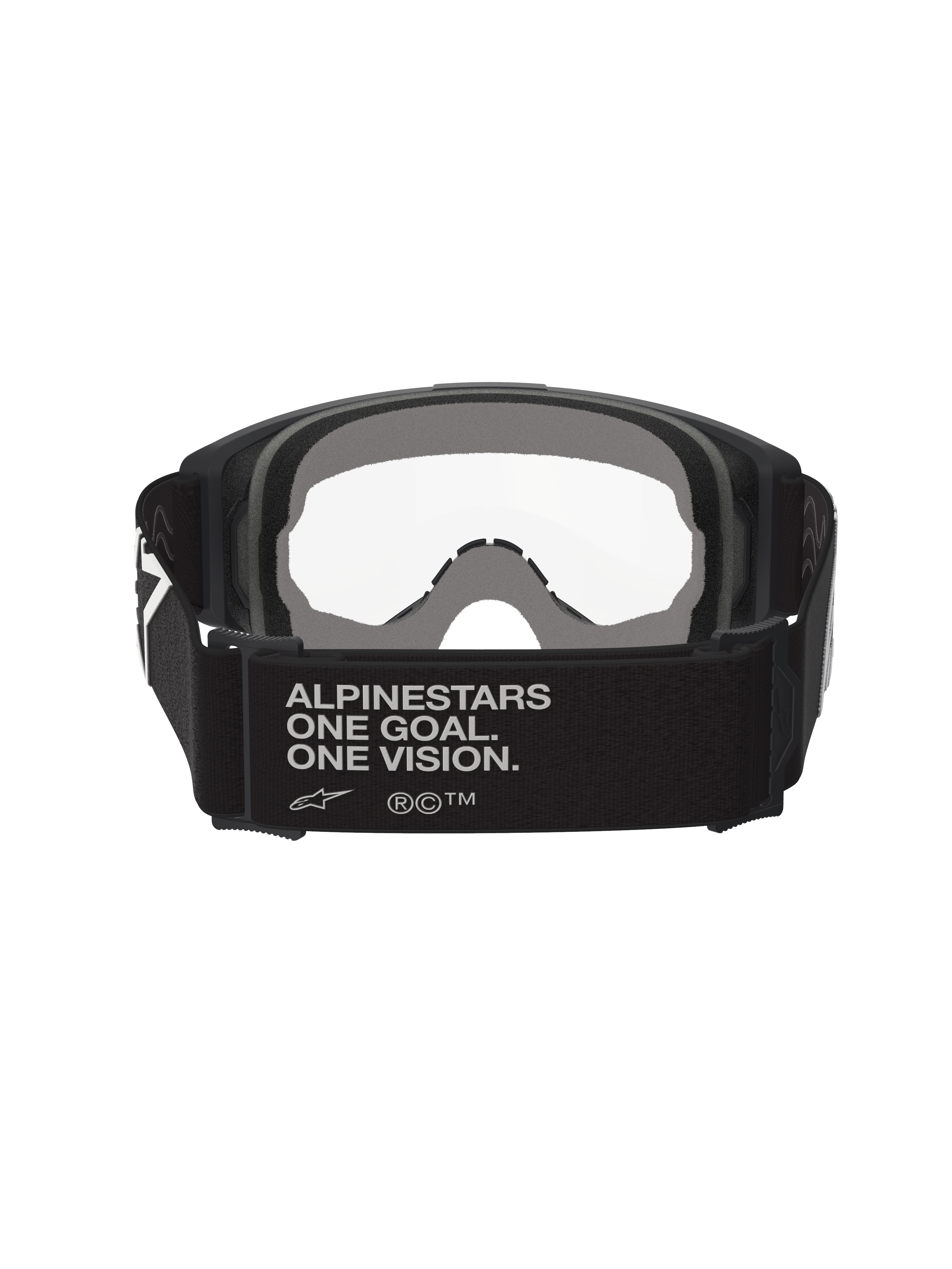 Alpinestars Vision Goggles OTG, motocrossglasögon, svarta och grå, vy bakifrån som visar bred svart vävd rem med varumärkets slogan, flerskiktat grått ansiktsskum, klar lins, designade för att bäras över glasögon