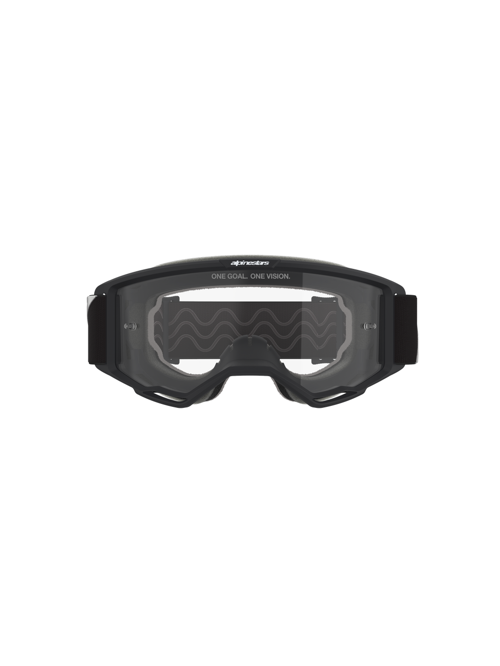 Alpinestars Vision Goggles OTG, motocrossglasögon, svart ram med klar lins, frontvy med texten 'ONE GOAL. ONE VISION.' och varumärkeslogotyp, struktur med djup volym för kompatibilitet med receptbelagda glasögon