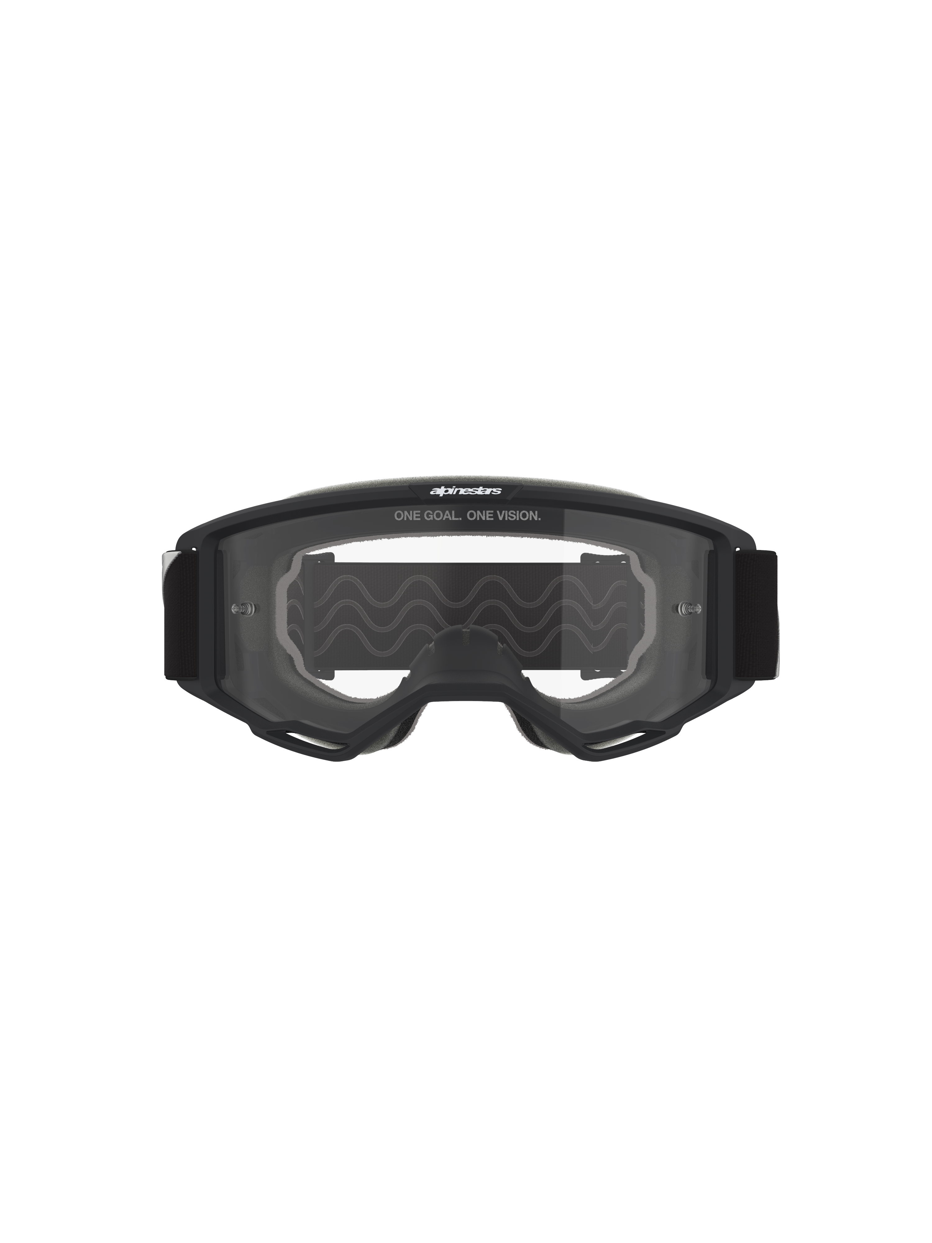 Alpinestars Vision Goggles OTG, motocrossglasögon, svart ram med klar lins, frontvy med texten 'ONE GOAL. ONE VISION.' och varumärkeslogotyp, struktur med djup volym för kompatibilitet med receptbelagda glasögon