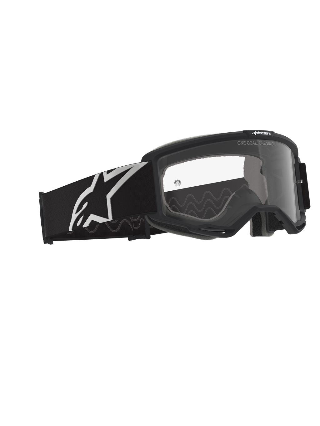 Alpinestars Vision Goggles OTG, motocrossglasögon, svarta och grå med klar lins, svart ram med en bred rem med vit Alpinestars-logotyp och grått silikonmönster för grepp, djup ramkonstruktion designad för receptbelagda glasögon, imskyddsbehandlad lins med märkesdetaljer.