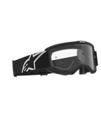 Alpinestars Vision Goggles OTG, motocrossglasögon, svarta och grå med klar lins, svart ram med en bred rem med vit Alpinestars-logotyp och grått silikonmönster för grepp, djup ramkonstruktion designad för receptbelagda glasögon, imskyddsbehandlad lins med märkesdetaljer.