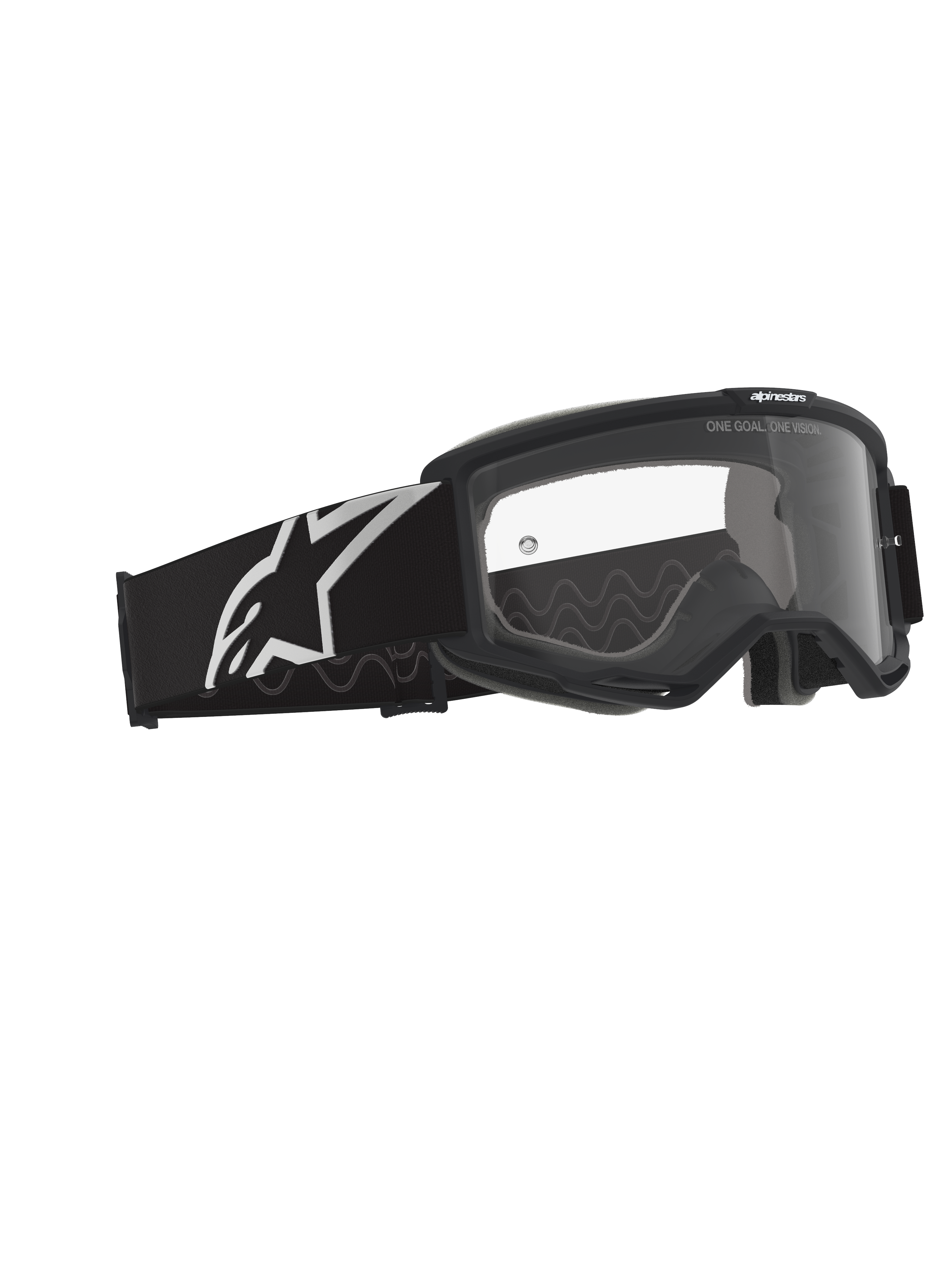 Alpinestars Vision Goggles OTG, motocrossglasögon, svarta och grå med klar lins, svart ram med en bred rem med vit Alpinestars-logotyp och grått silikonmönster för grepp, djup ramkonstruktion designad för receptbelagda glasögon, imskyddsbehandlad lins med märkesdetaljer.