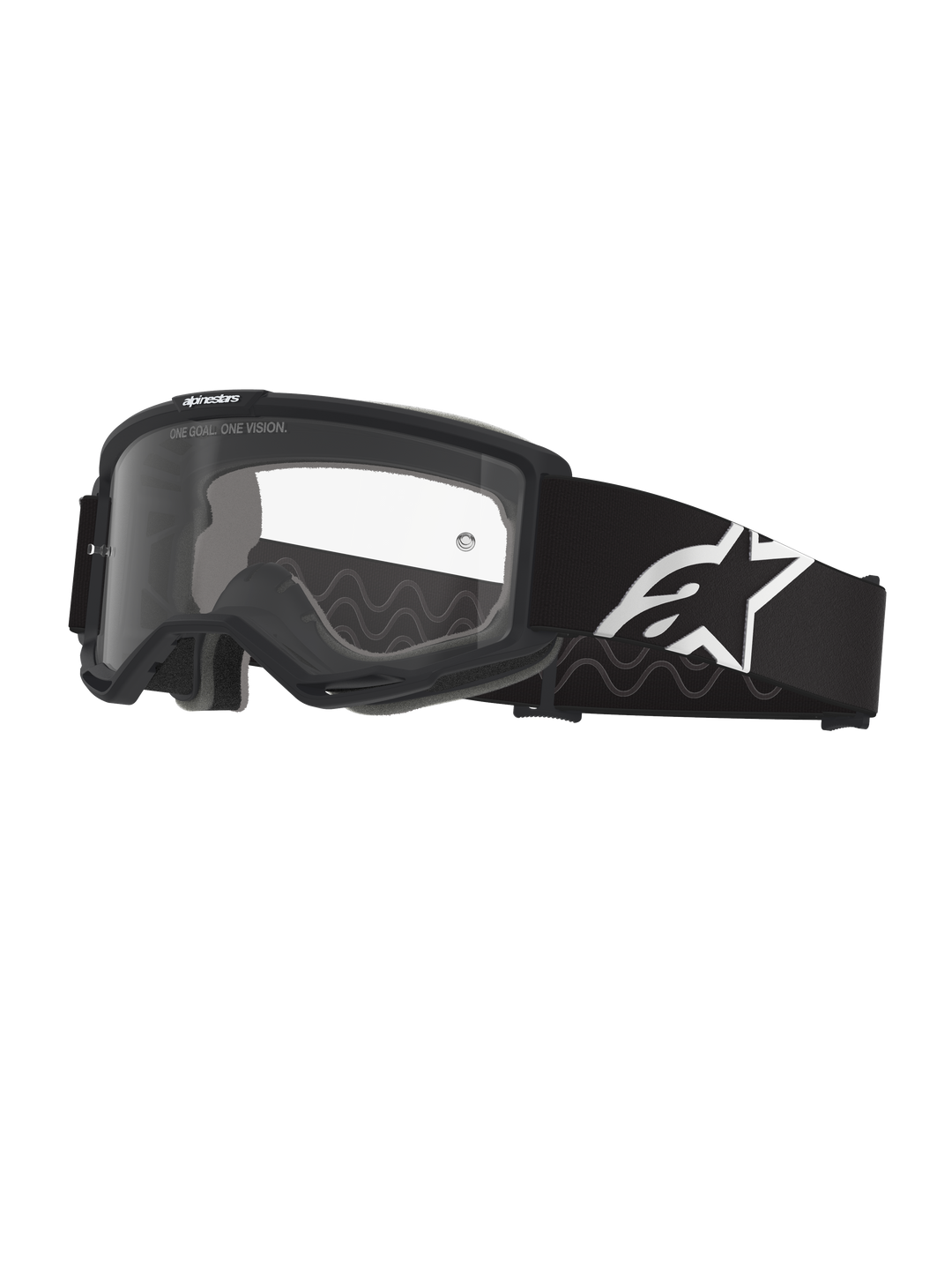 Alpinestars Vision Goggles OTG, motocrossglasögon, svarta och grå med klar lins, bred svart vävd rem med vit Alpinestars-logotyp, ram med djup volym designad för receptbelagda glasögon, skyddsglasögon för terrängkörning