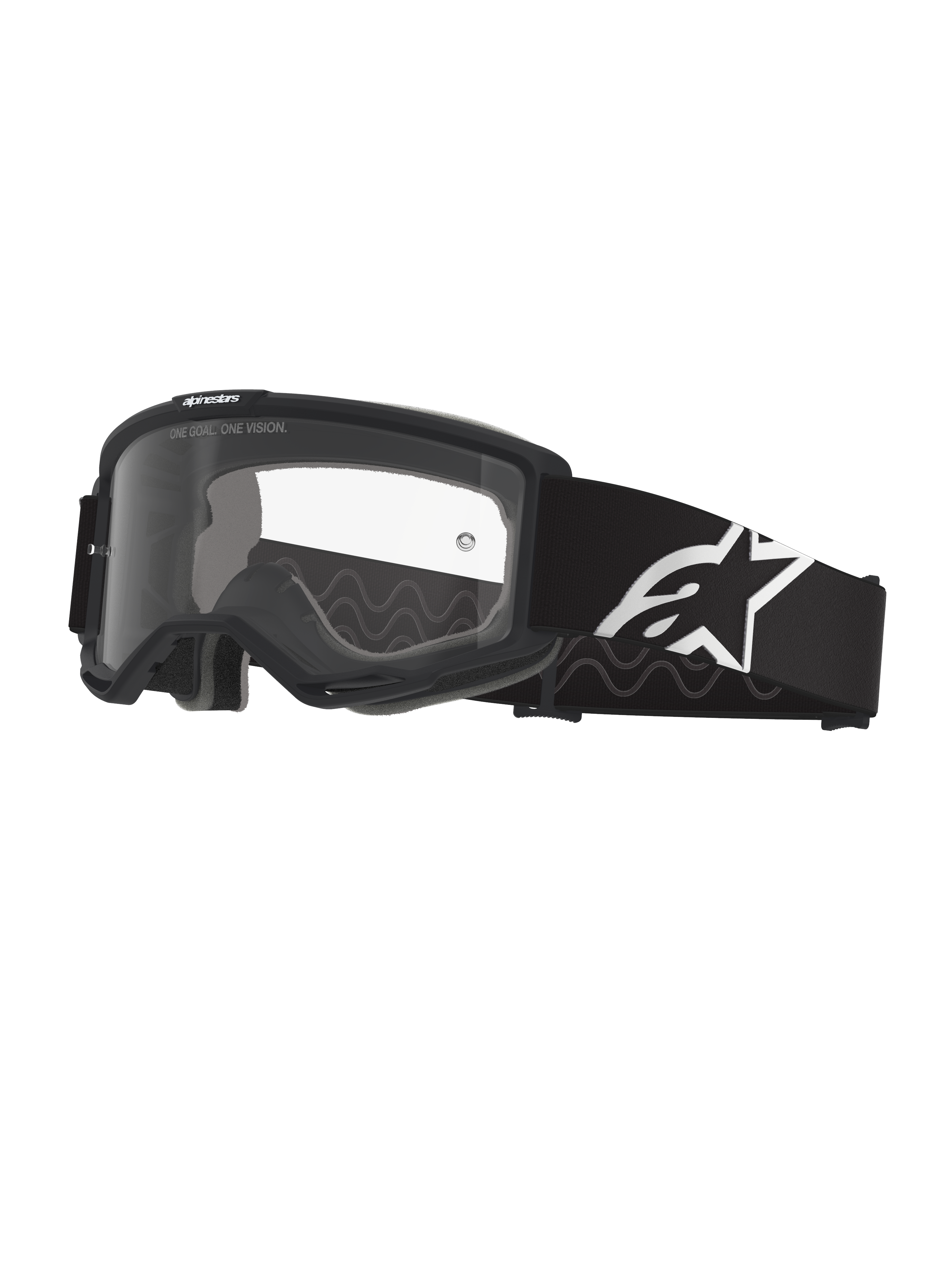 Alpinestars Vision Goggles OTG, motocrossglasögon, svarta och grå med klar lins, bred svart vävd rem med vit Alpinestars-logotyp, ram med djup volym designad för receptbelagda glasögon, skyddsglasögon för terrängkörning