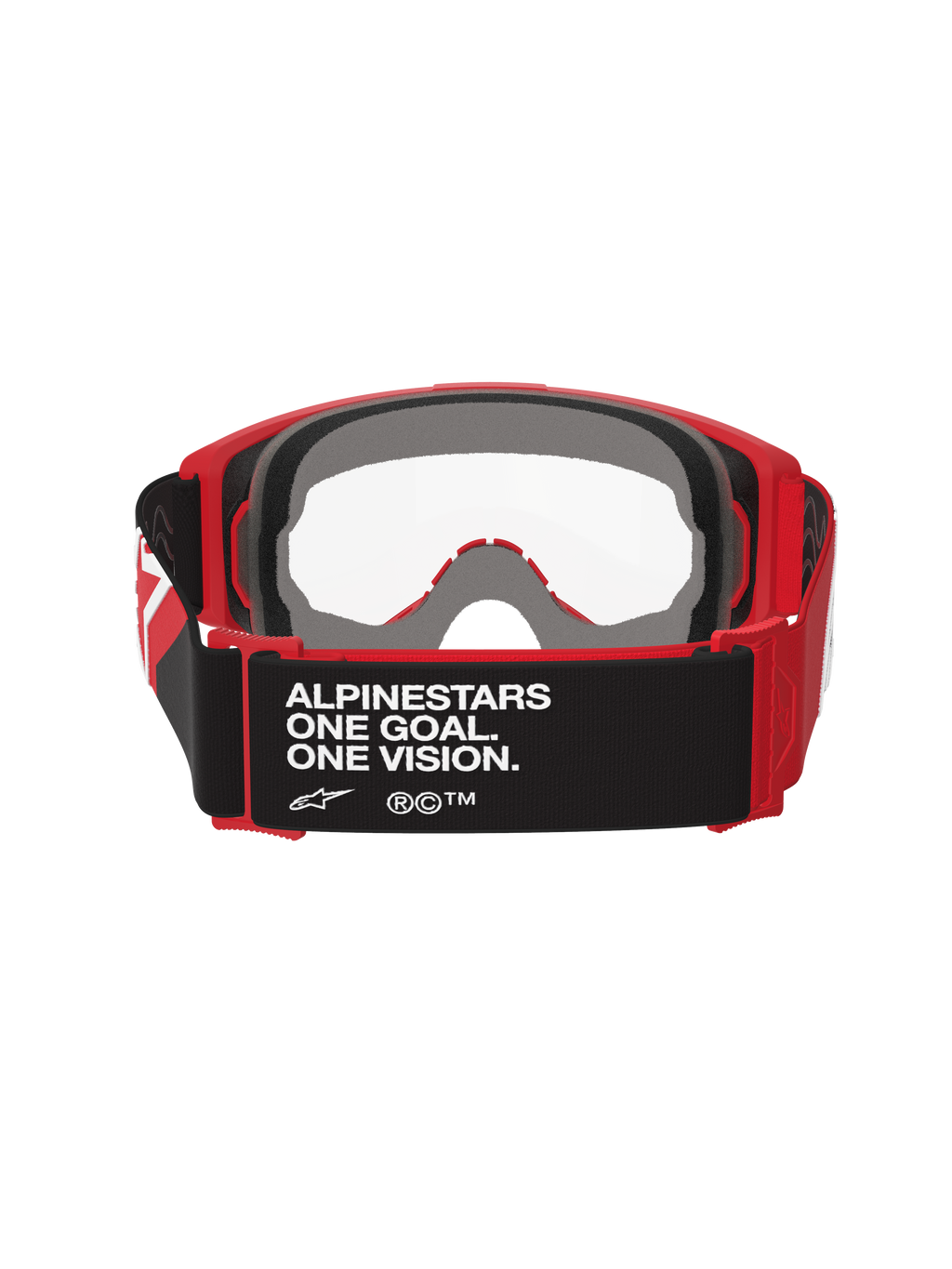 Alpinestars Vision Goggles OTG, motocrossglasögon, röd och svart med klar lins, vy bakifrån som visar svart rem med texten 'ALPINESTARS ONE GOAL. ONE VISION.', tjockt ansiktsskum i flera lager och röd flexibel ram för passform över glasögon