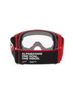 Alpinestars Vision Goggles OTG, motocrossglasögon, röd och svart med klar lins, vy bakifrån som visar svart rem med texten 'ALPINESTARS ONE GOAL. ONE VISION.', tjockt ansiktsskum i flera lager och röd flexibel ram för passform över glasögon