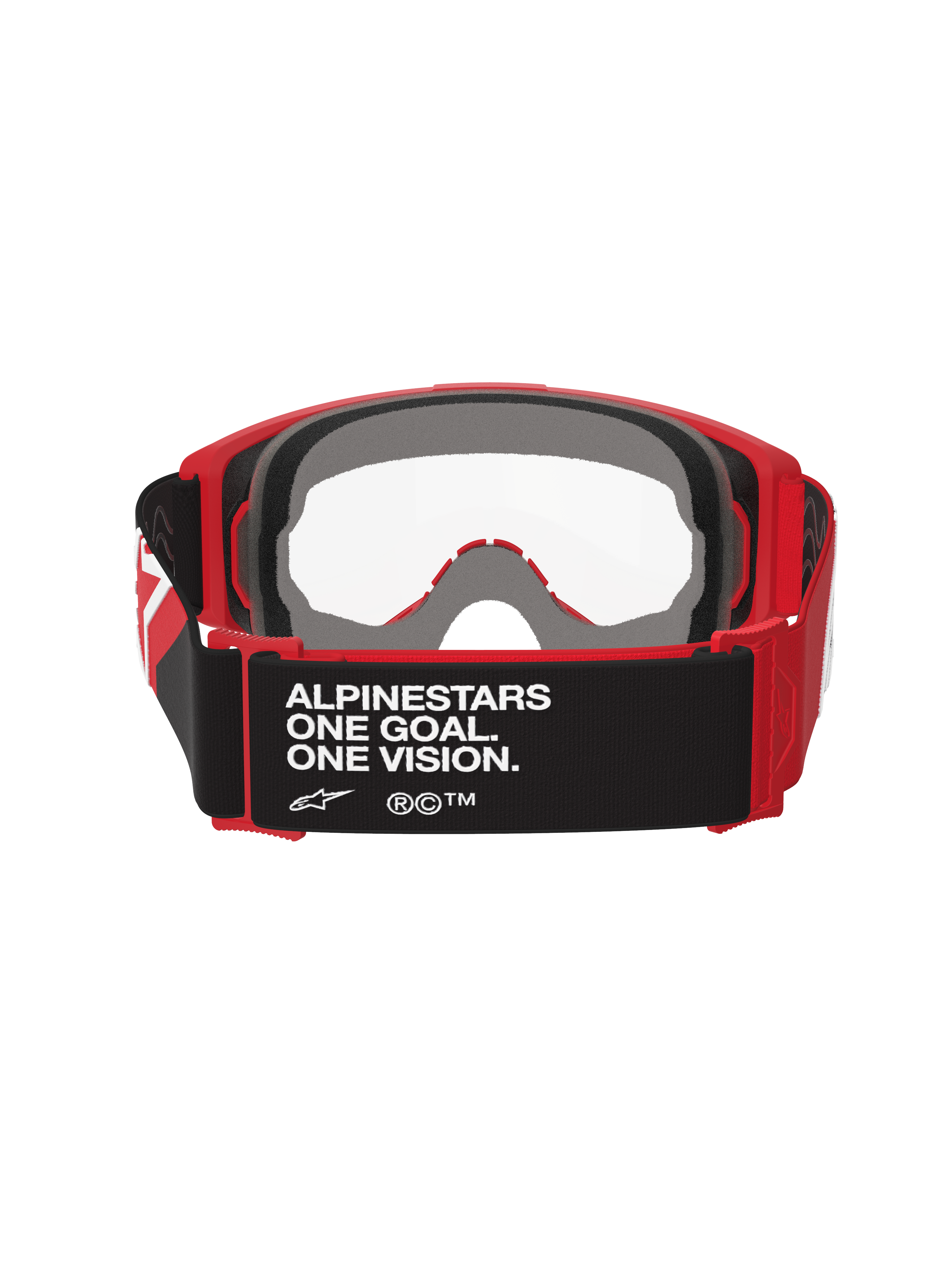 Alpinestars Vision Goggles OTG, motocrossglasögon, röd och svart med klar lins, vy bakifrån som visar svart rem med texten 'ALPINESTARS ONE GOAL. ONE VISION.', tjockt ansiktsskum i flera lager och röd flexibel ram för passform över glasögon