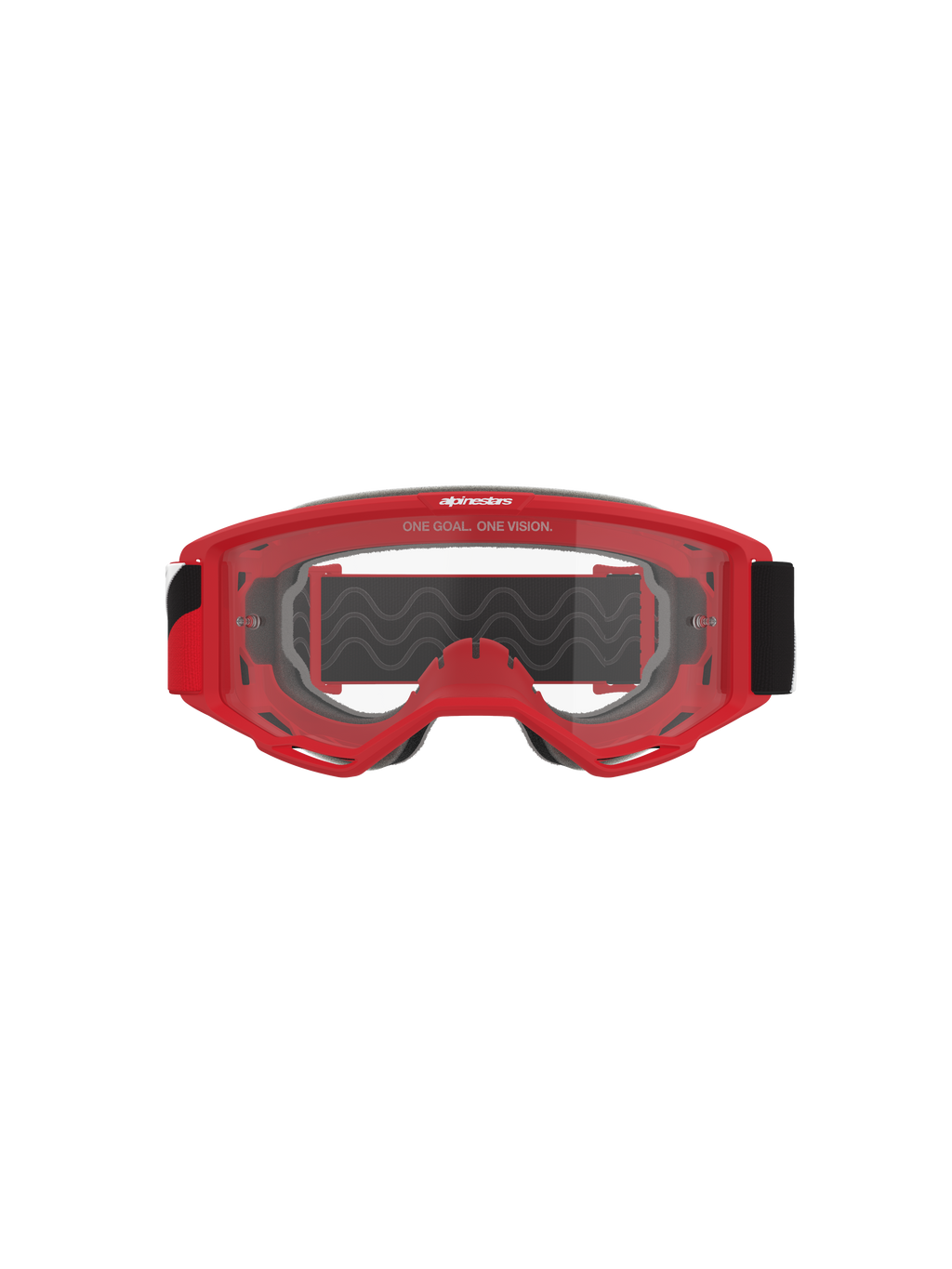 Alpinestars Vision Goggles OTG, motocrossglasögon, röd ram med klar imskyddsbehandlad lins, sedd framifrån med slogan 'ONE GOAL. ONE VISION.', brett svart band, högpresterande ögonskydd för terrängkörning