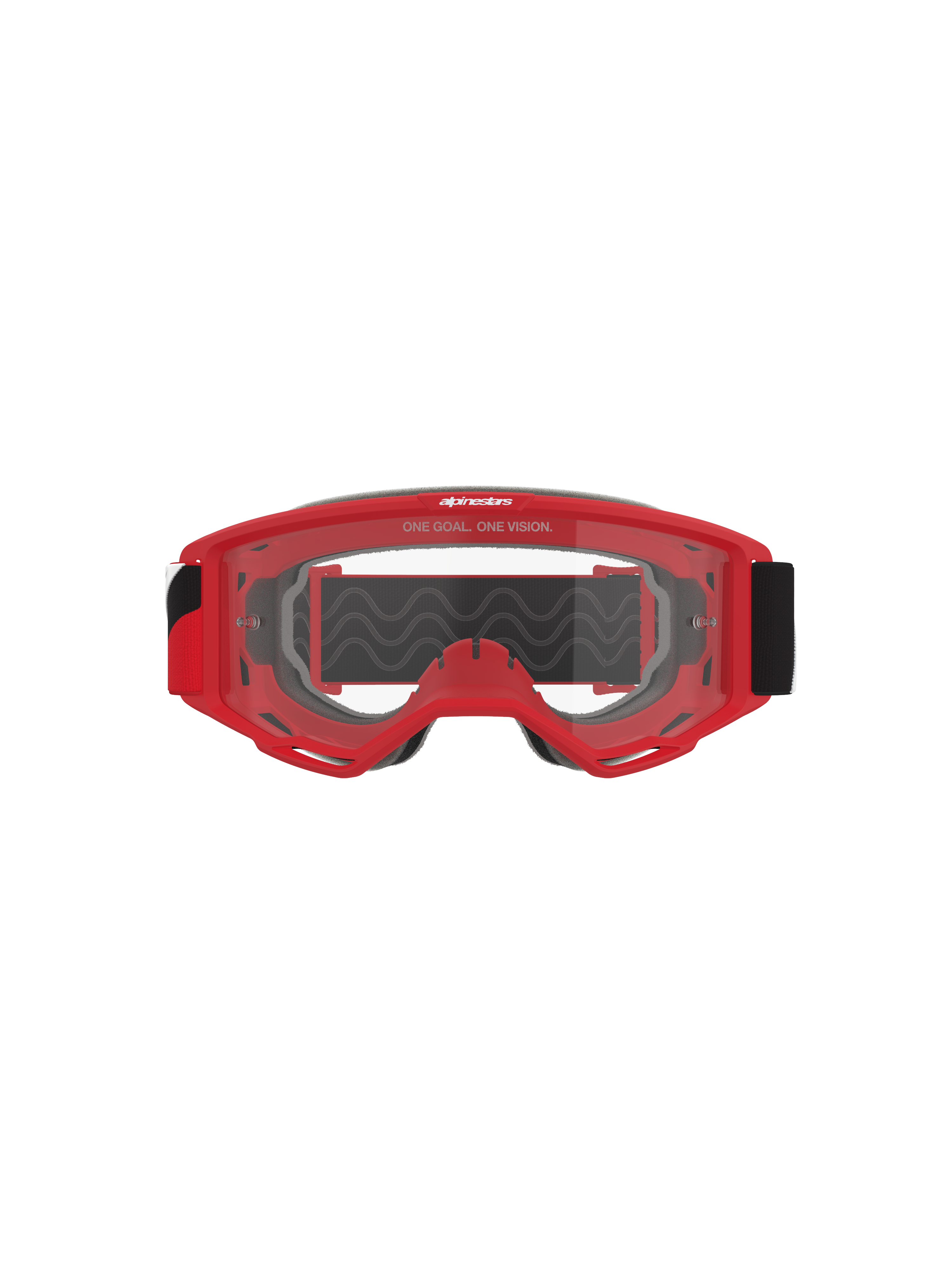Alpinestars Vision Goggles OTG, motocrossglasögon, röd ram med klar imskyddsbehandlad lins, sedd framifrån med slogan 'ONE GOAL. ONE VISION.', brett svart band, högpresterande ögonskydd för terrängkörning