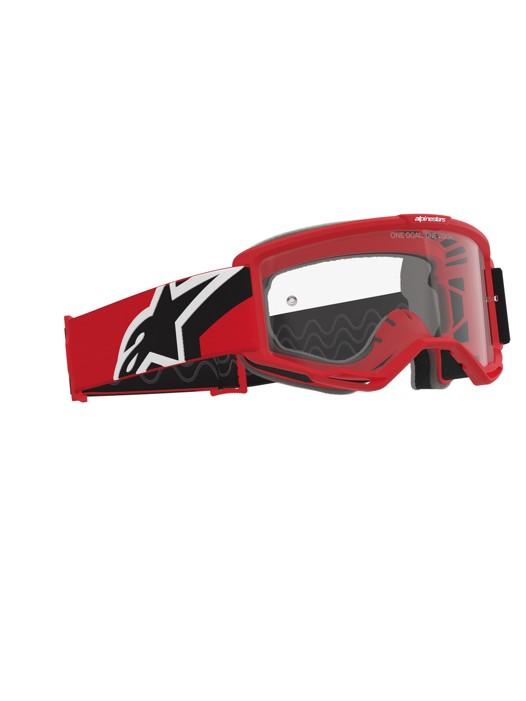 Alpinestars Vision OTG motocrossglasögon, röda, svarta och vita, klar polykarbonatlins, deep volume-ram designad för styrkeglasögon, rött och svart band med vit Alpinestars-logotyp