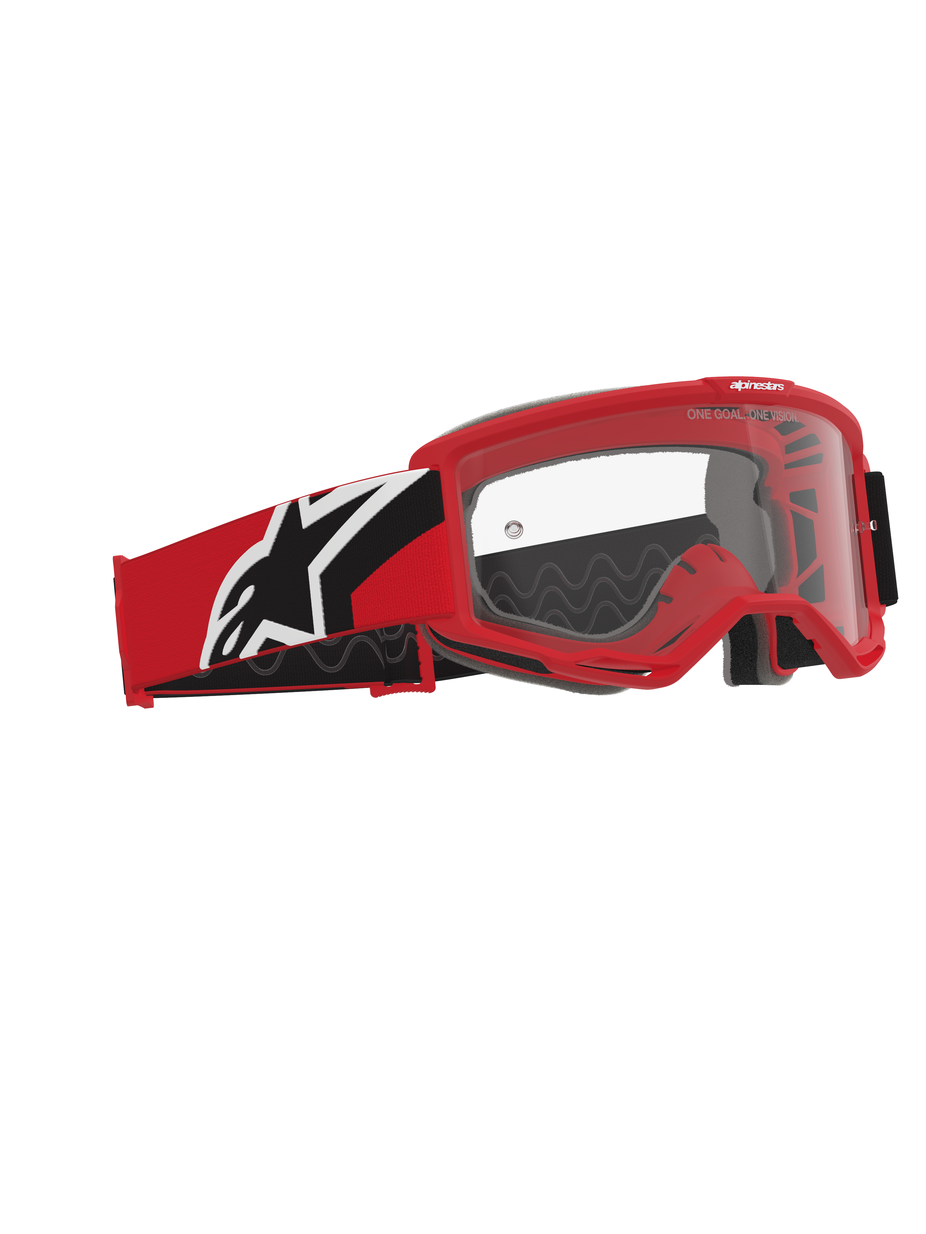 Alpinestars Vision OTG motocrossglasögon, röda, svarta och vita, klar polykarbonatlins, deep volume-ram designad för styrkeglasögon, rött och svart band med vit Alpinestars-logotyp