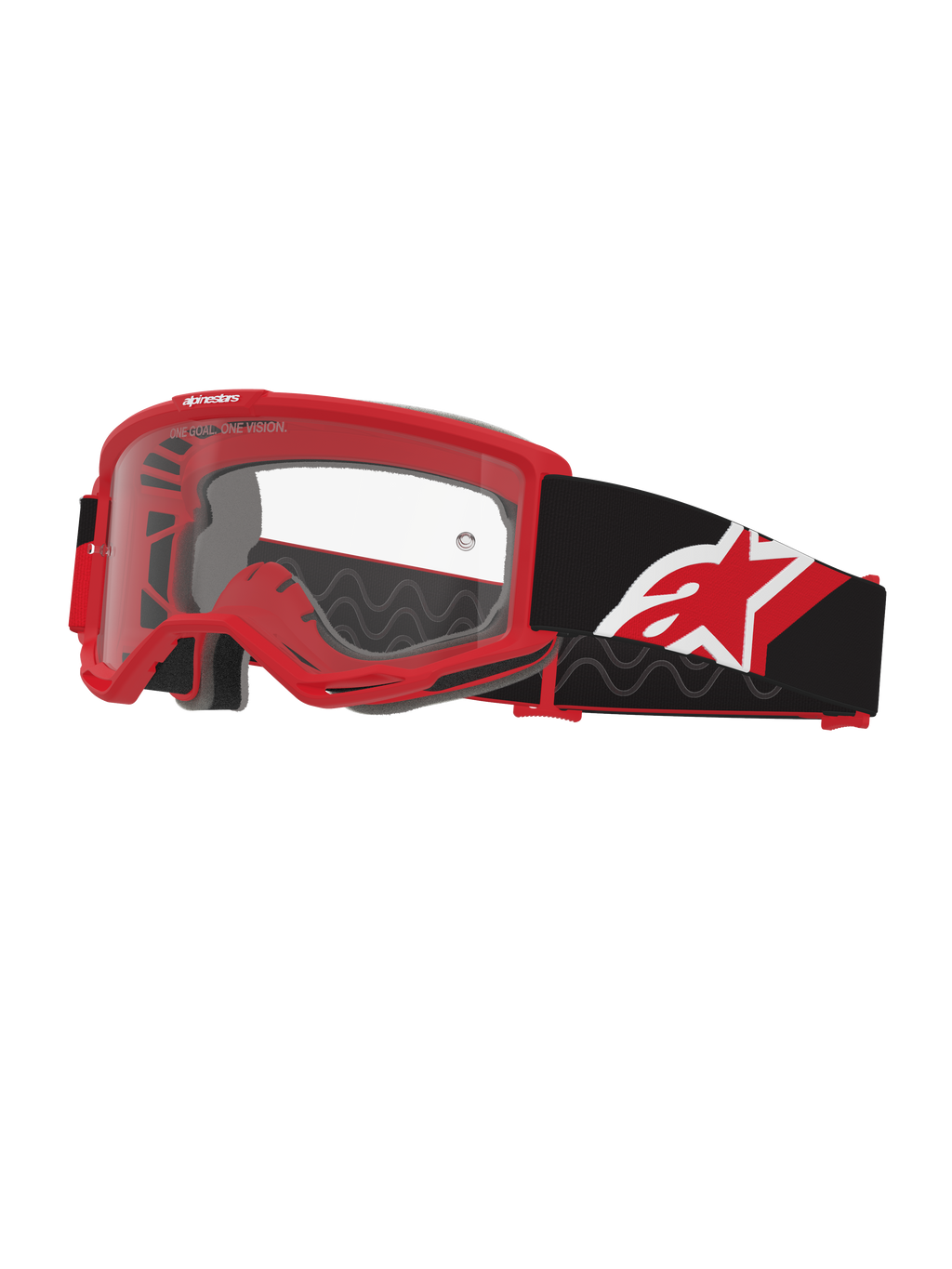 Alpinestars Vision OTG-motocrossglasögon, röda, svarta och vita med klar lins, over-the-glass-design med röd ram med djup volym, bred svart rem med röd och vit stjärnlogotyp, högflödesventilation för terrängkörning