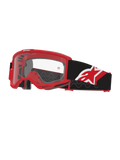 Alpinestars Vision OTG-motocrossglasögon, röda, svarta och vita med klar lins, over-the-glass-design med röd ram med djup volym, bred svart rem med röd och vit stjärnlogotyp, högflödesventilation för terrängkörning