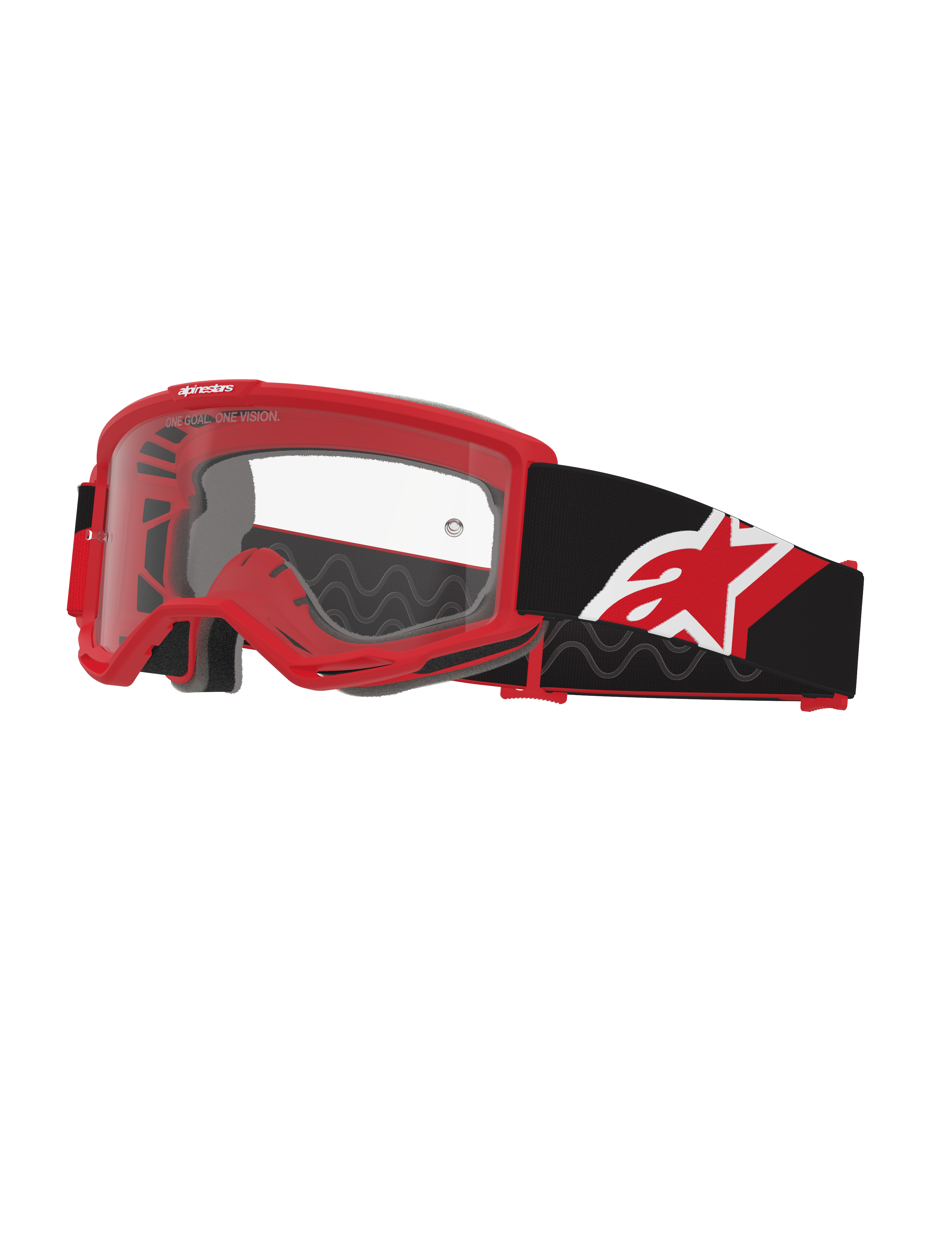 Alpinestars Vision OTG-motocrossglasögon, röda, svarta och vita med klar lins, over-the-glass-design med röd ram med djup volym, bred svart rem med röd och vit stjärnlogotyp, högflödesventilation för terrängkörning