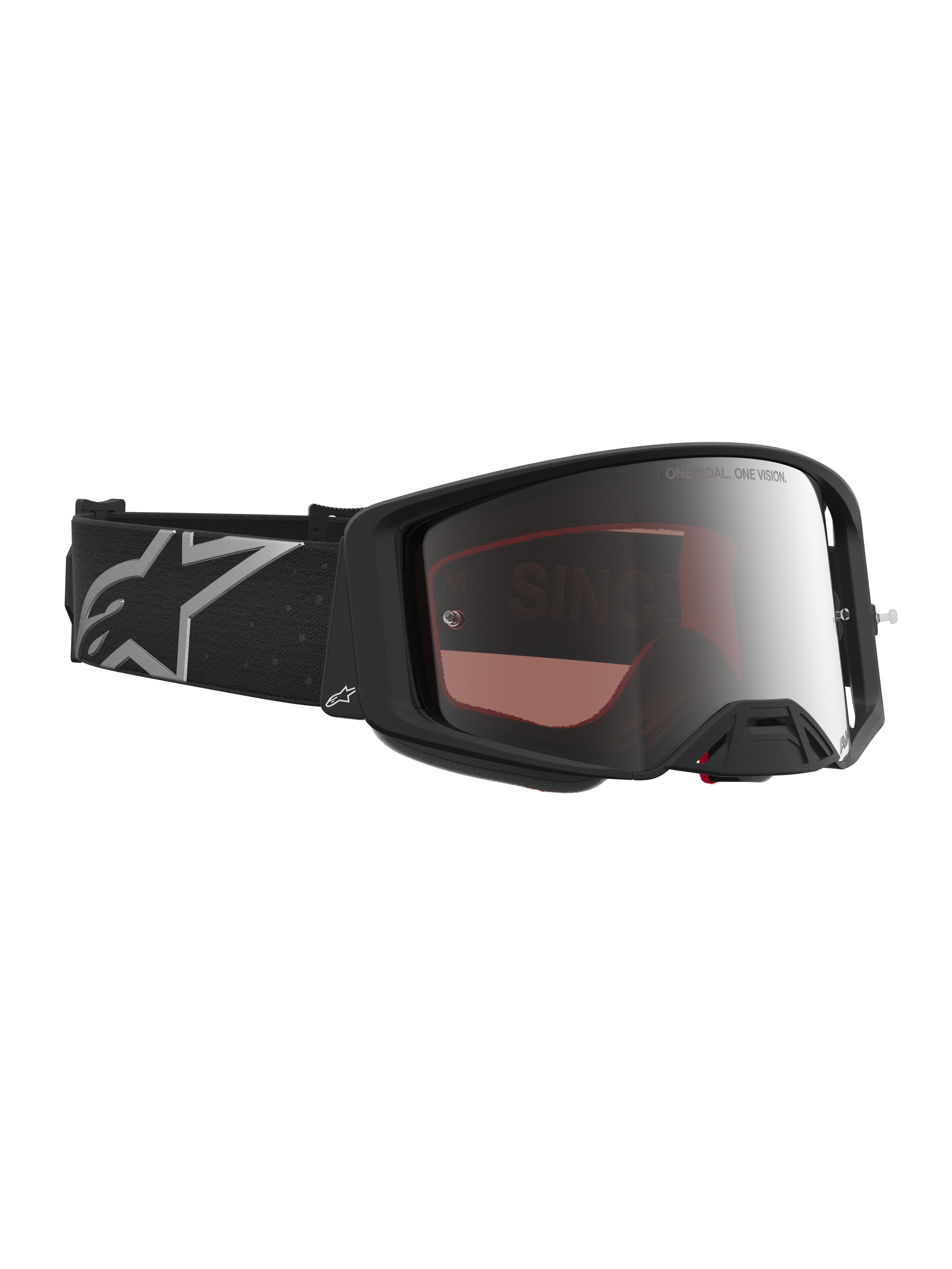 Alpinestars Supertech Vesta goggles, motocrossgoggles för terrängkörning, matt svart ram med silver spegelglas, brett justerbart band med vit logotyp.