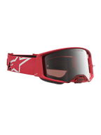 Alpinestars Supertech Vesta goggles, motocrossglasögon för racing, röd fluo med silverfärgat spegelglas, rem med vit logotyp.