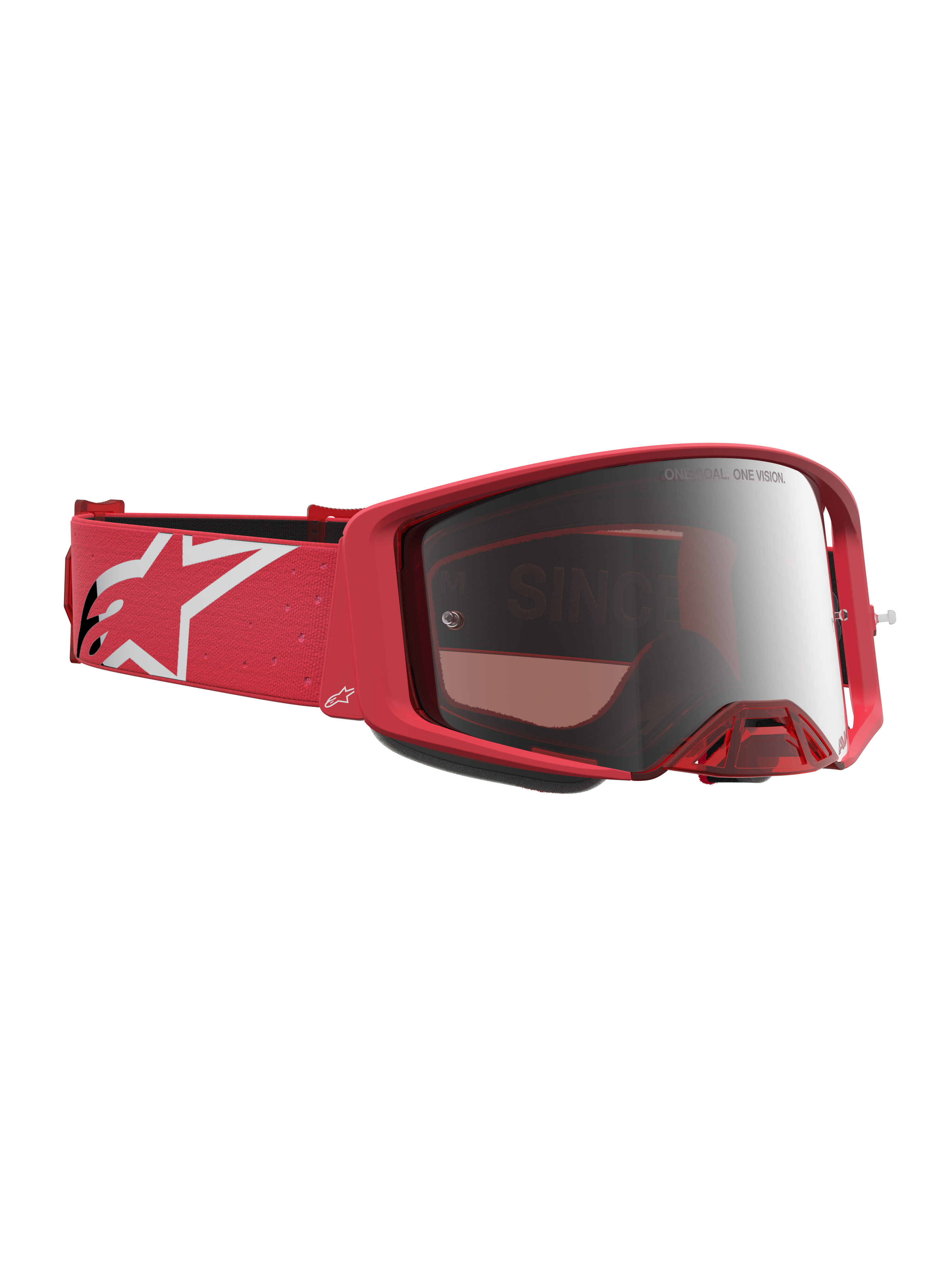 Alpinestars Supertech Vesta goggles, motocrossglasögon för racing, röd fluo med silverfärgat spegelglas, rem med vit logotyp.