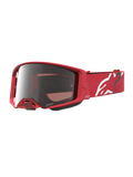 Alpinestars Supertech Vesta goggles, motocrossglasögon i röd fluo med silverfärgad spegellins och vitt logoband, professionell design för terrängkörning.