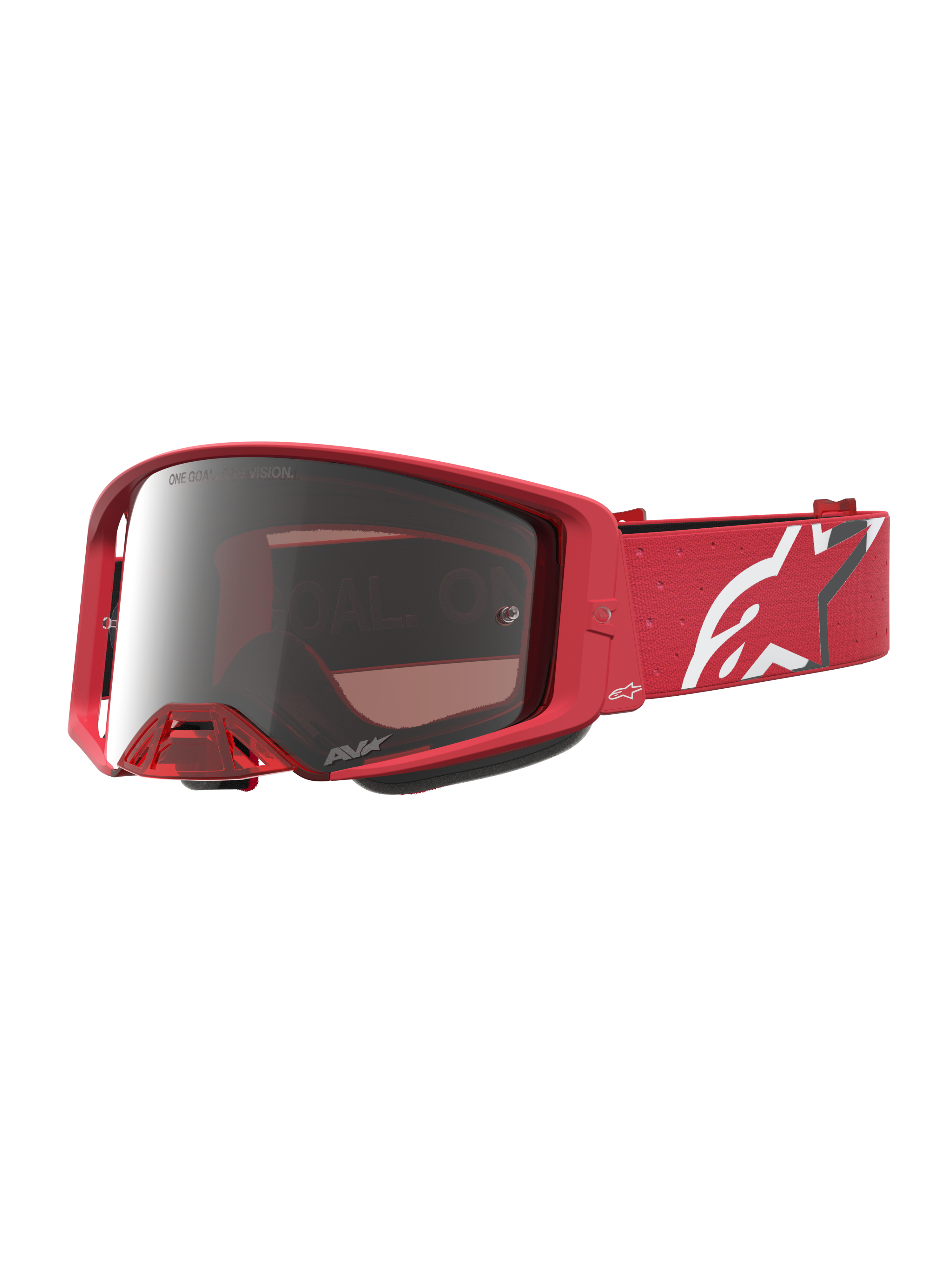 Alpinestars Supertech Vesta goggles, motocrossglasögon i röd fluo med silverfärgad spegellins och vitt logoband, professionell design för terrängkörning.