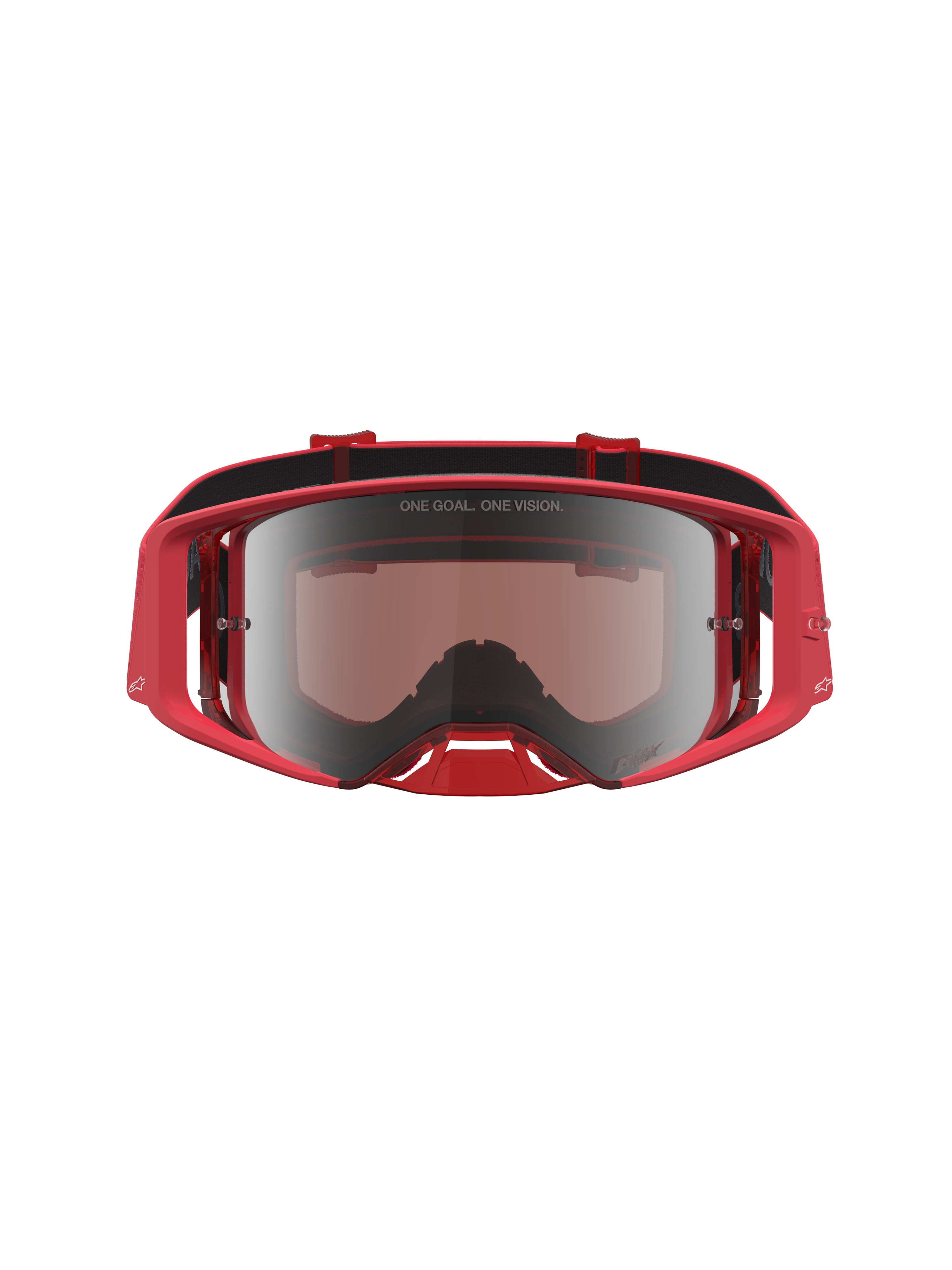Alpinestars Supertech Vesta goggles, motocrossgoggles, röd fluo och silver, högkvalitativt spegelglas med One Goal One Vision-grafik på linsen.