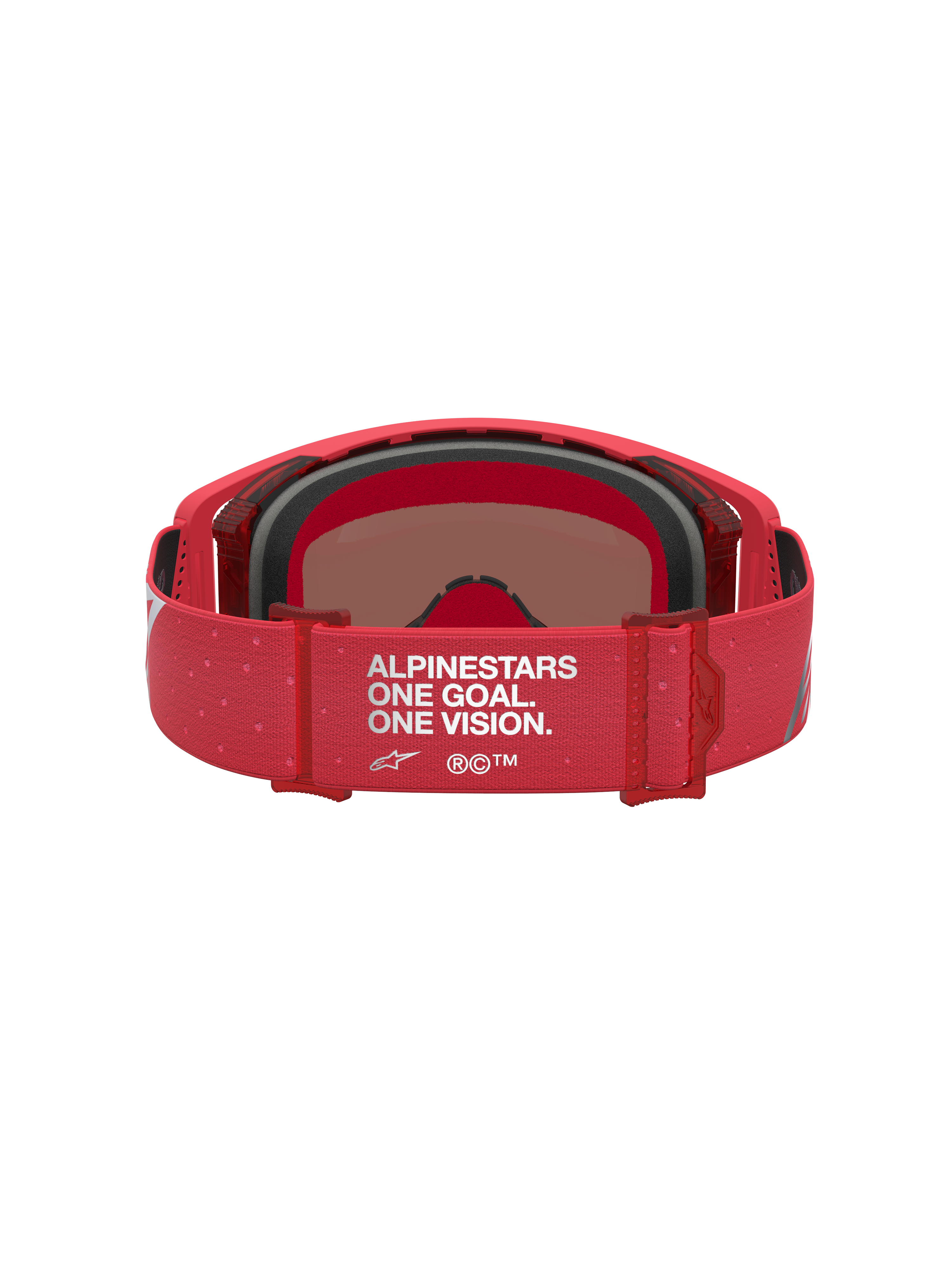 Alpinestars Supertech Vesta goggles, motocrossglasögon i röd fluo och silver, visar det justerbara One Goal One Vision-bandet.