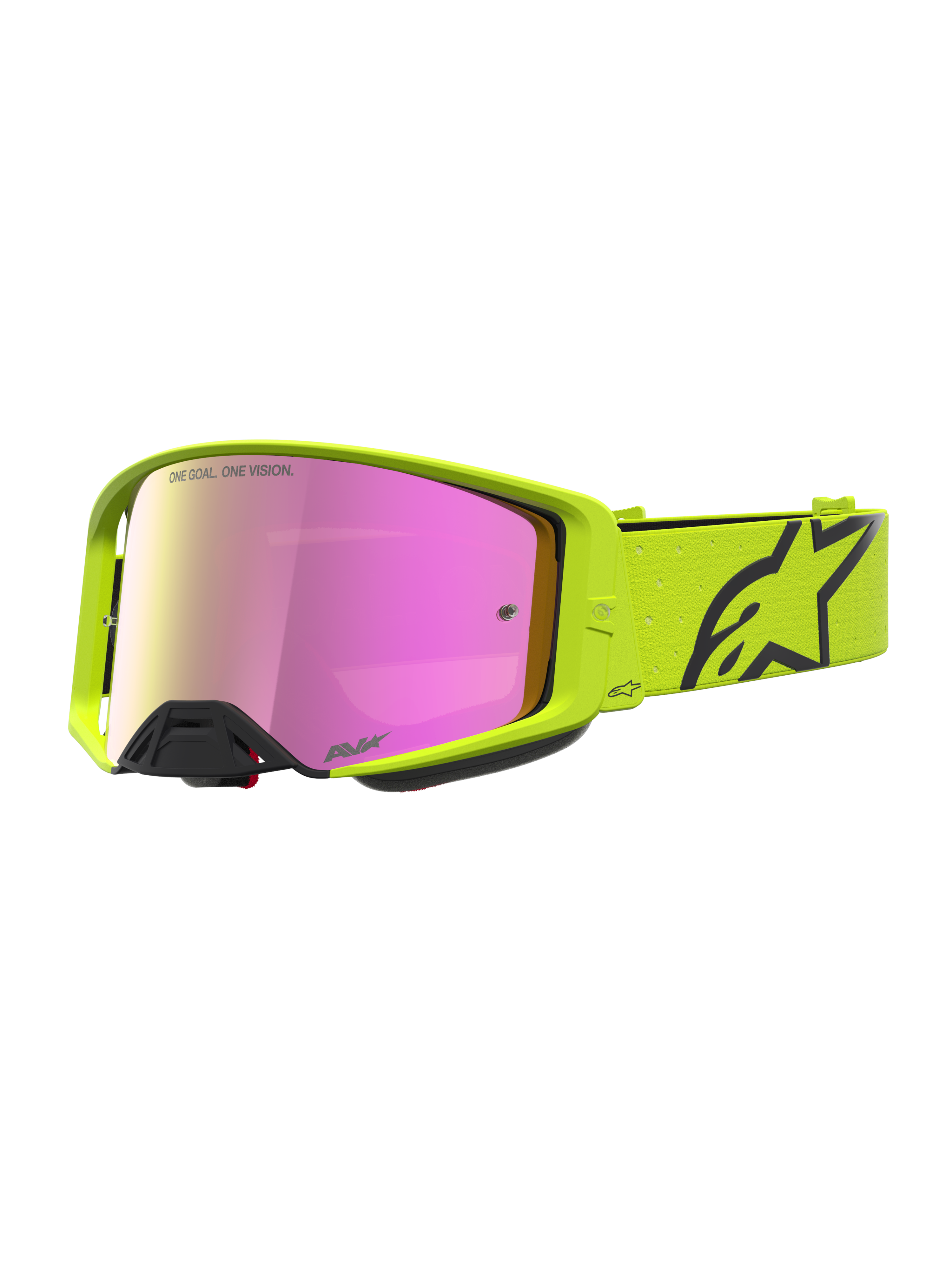 Alpinestars Supertech Vesta goggles, motocrossgoggles i gul fluo och svart, rosa spegellins, optimerade för professionell terrängkörning och motocross.