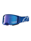 Alpinestars Supertech Vesta goggles, motocross-goggles för terrängkörning, blå och vita med blått spegelglas, justerbar rem med stor vit Astars-logotyp.