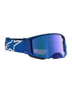 Alpinestars Supertech Vesta goggles, blå och vita med blå spegellins, högpresterande skydd för motocross.