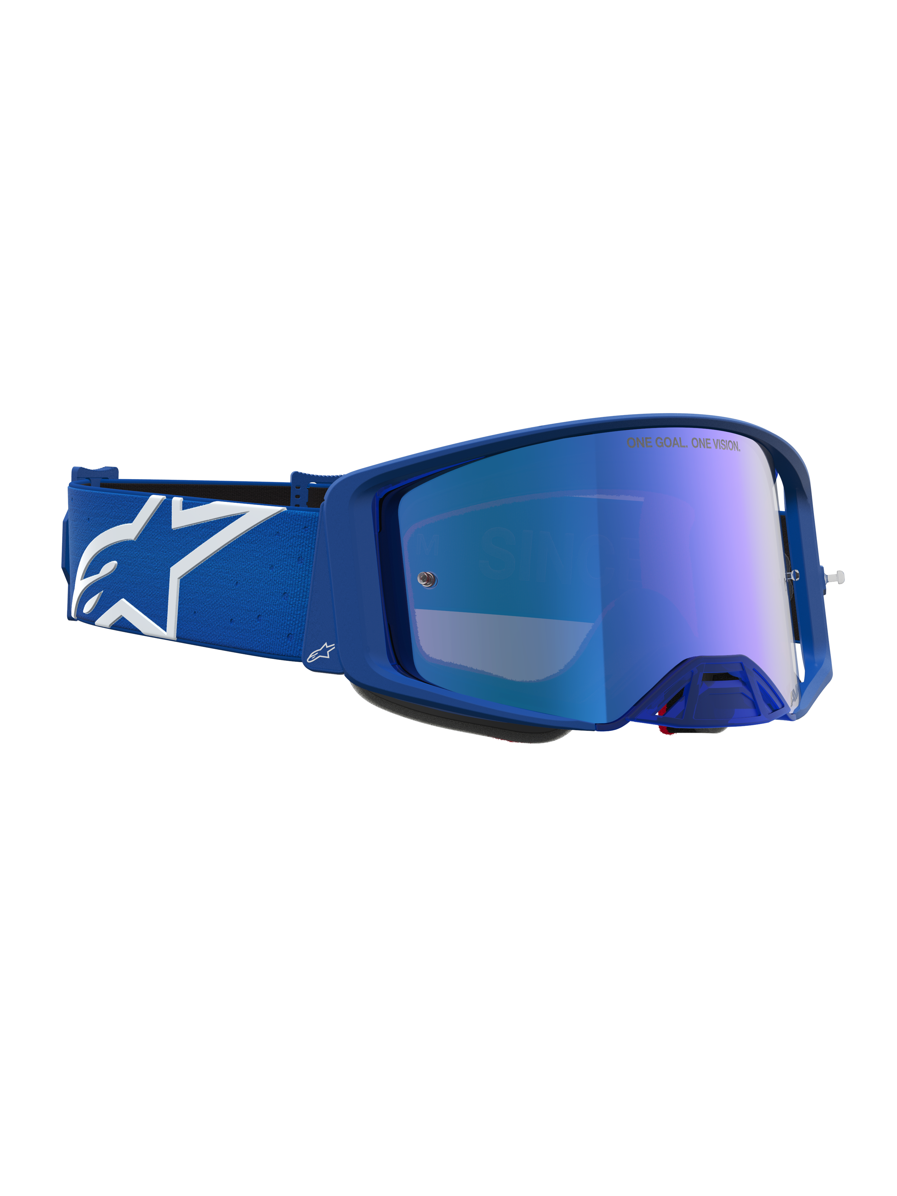 Alpinestars Supertech Vesta goggles, blå och vita med blå spegellins, högpresterande skydd för motocross.