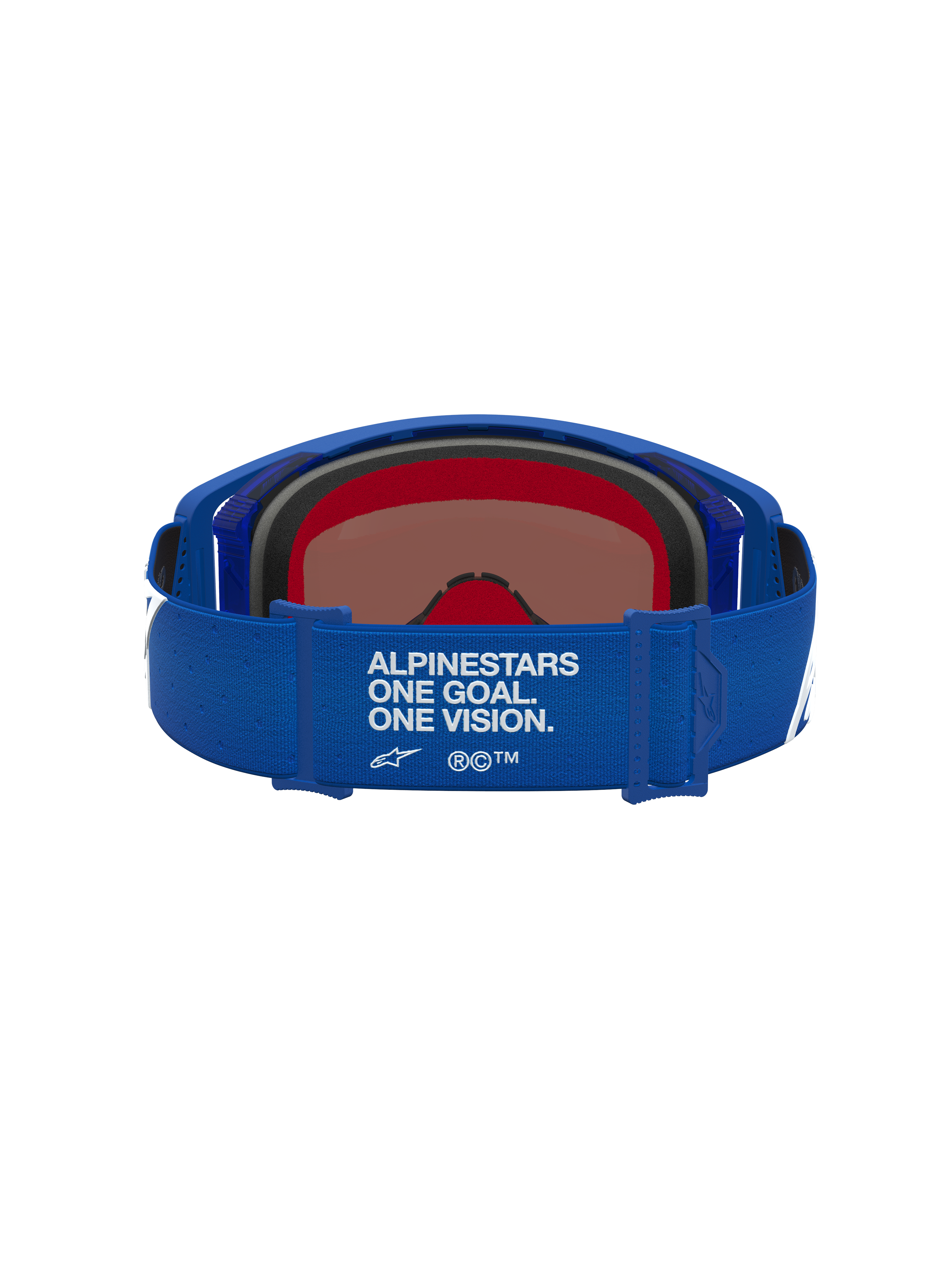Alpinestars Supertech Vesta goggles, blå och vita motocross-goggles, vy bakifrån med 'One Goal. One Vision.' på remmen.
