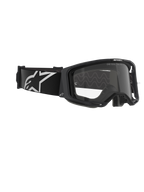Alpinestars Vision 8 Corp Goggles, Motocross Goggles, Black frame with Clear lens, wide black woven strap featuring white A-star logo, clear protective eyewear with 'ONE GOAL. ONE VISION.' text, professional racing design for off-road performance