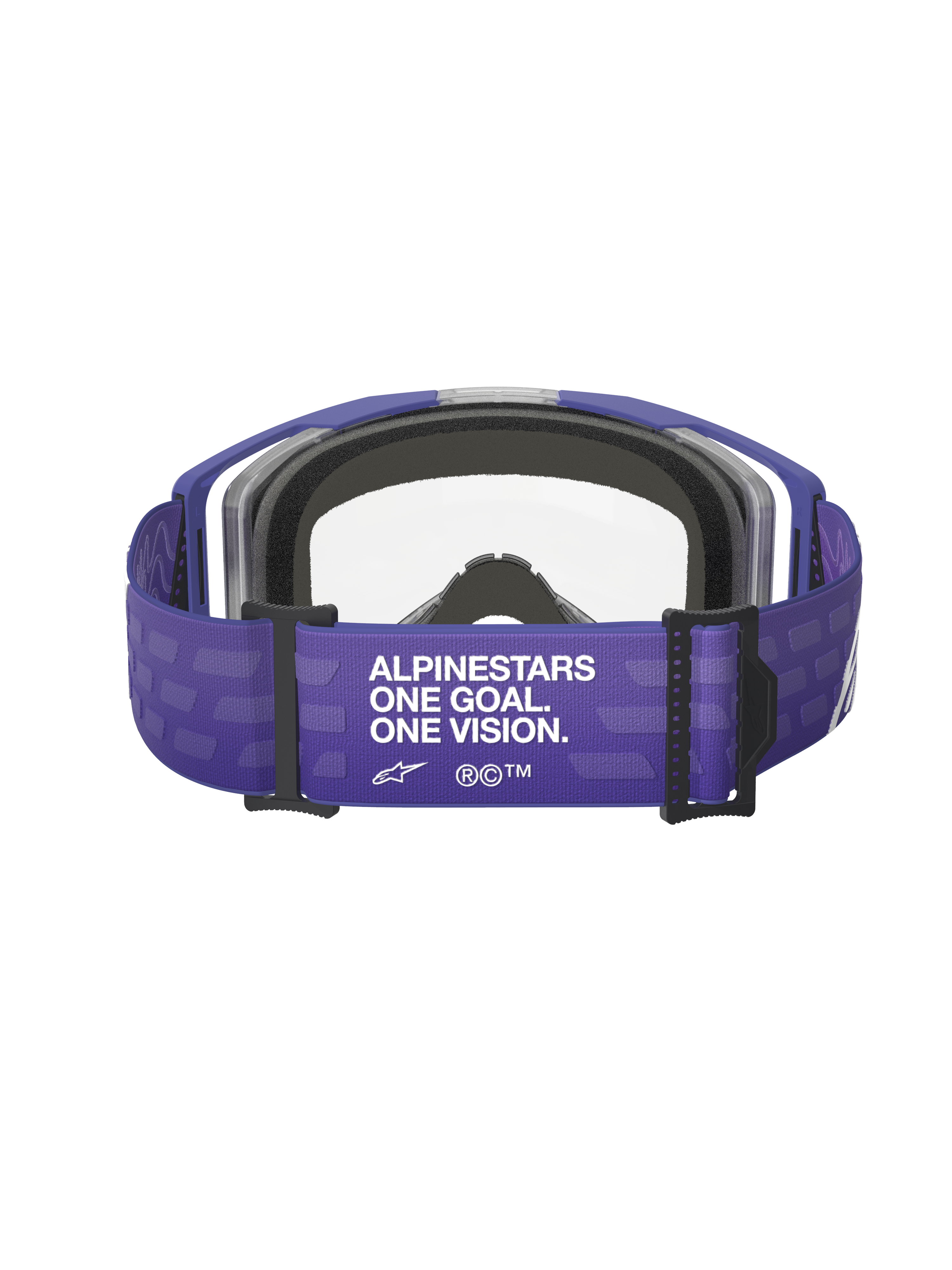 Alpinestars Vision 8 Corp Goggles, Motocross Goggles, Purple Clear, back view showing purple strap with 'ALPINESTARS ONE GOAL. ONE VISION.' branding, clear lens and black foam padding, off-road racing gear
