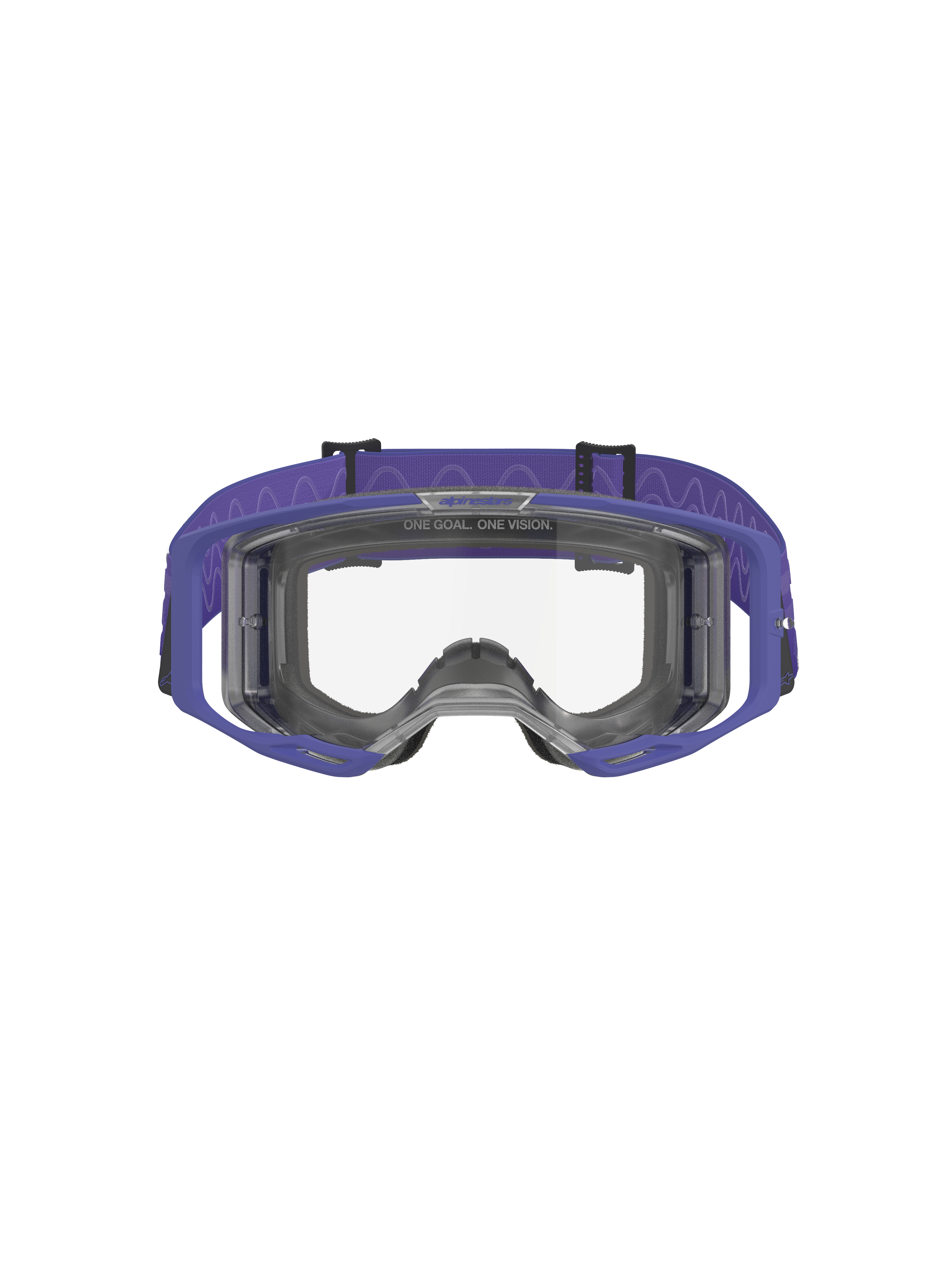 Alpinestars Vision 8 Corp Goggles, Motocross Goggles, Purple and Clear, featuring a purple A-FLEX frame, clear anti-fog lens, and a wide purple woven strap with wave pattern, high-performance eye protection for off-road racing