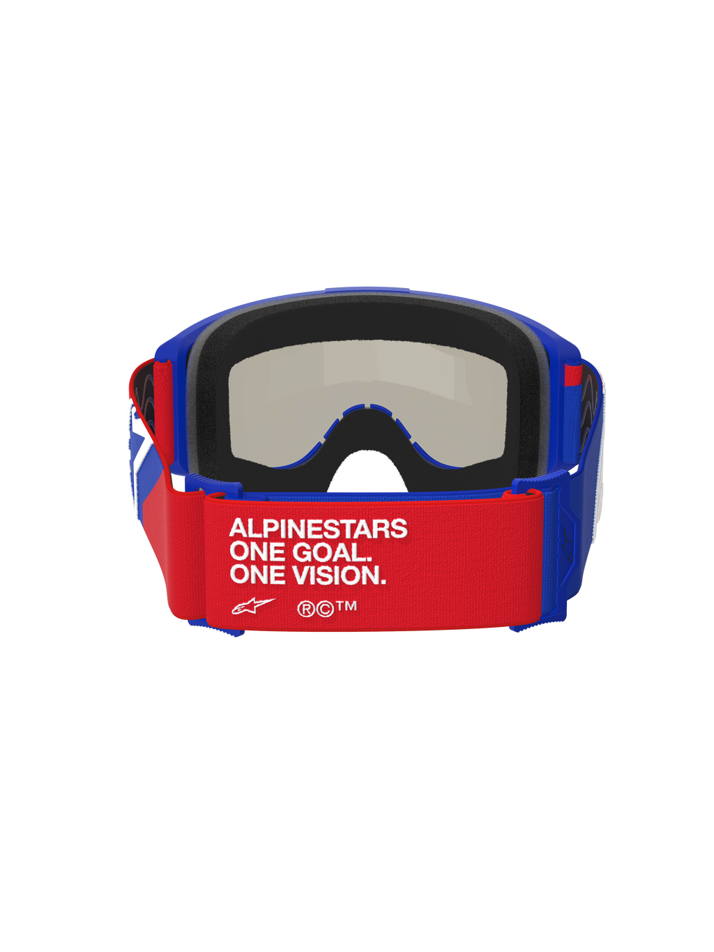 Alpinestars Vision Sand Goggles, blå, röda och vita, vy bakifrån med rött band och vit text 'ALPINESTARS ONE GOAL. ONE VISION.', blå ram med tjock svart skumvaddering, mörk rökfärgad lins synlig från insidan, högpresterande motocrossglasögon