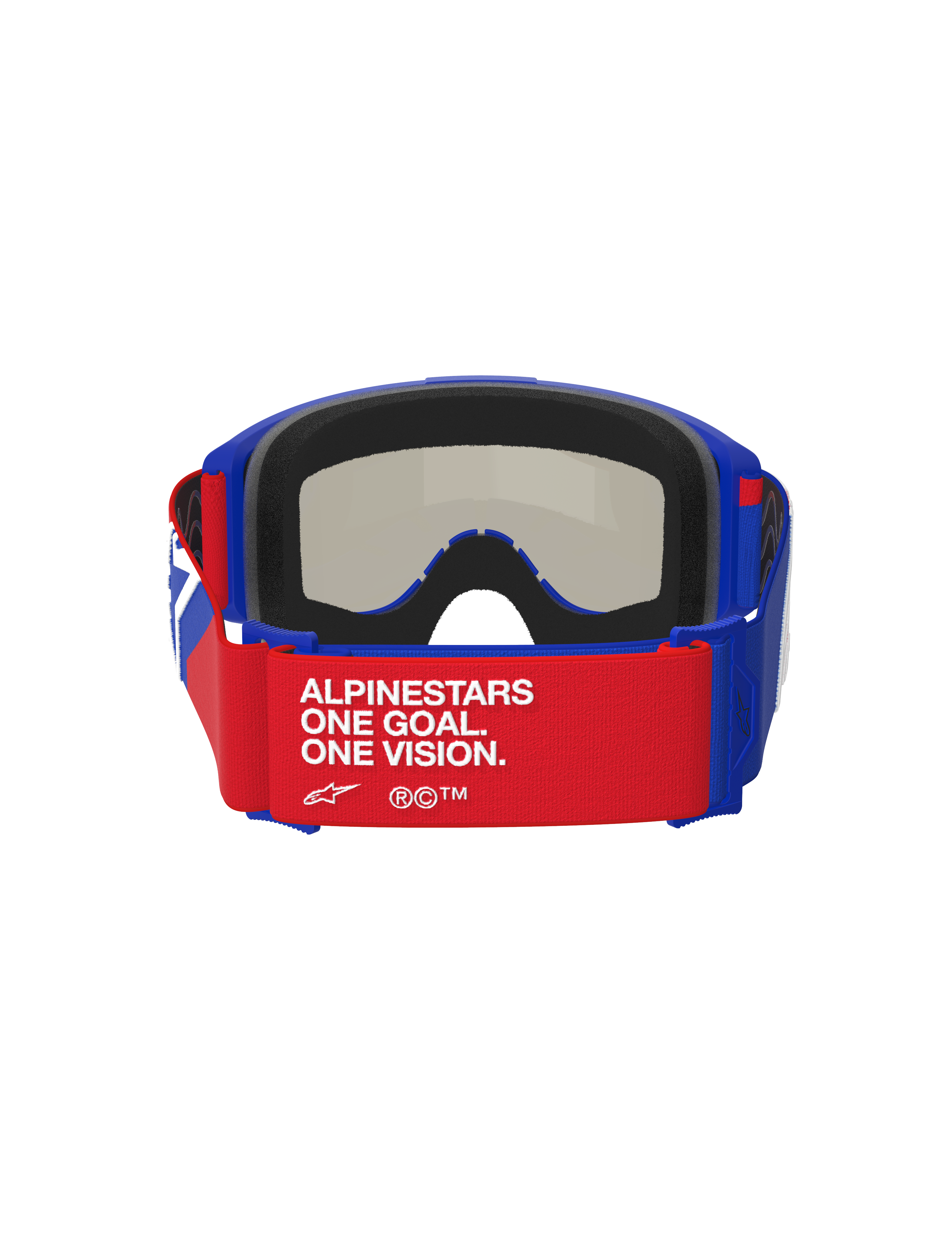Alpinestars Vision Sand Goggles, blå, röda och vita, vy bakifrån med rött band och vit text 'ALPINESTARS ONE GOAL. ONE VISION.', blå ram med tjock svart skumvaddering, mörk rökfärgad lins synlig från insidan, högpresterande motocrossglasögon