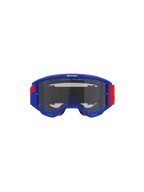 Alpinestars Vision Sand-goggles, blå ram med röda och vita detaljer på remmen, mörk rökfärgad lins, sloganen 'ONE GOAL. ONE VISION.' på ovansidan, högpresterande motocrossglasögon designade för skydd i öken och terräng