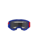 Alpinestars Vision Sand-goggles, blå ram med röda och vita detaljer på remmen, mörk rökfärgad lins, sloganen 'ONE GOAL. ONE VISION.' på ovansidan, högpresterande motocrossglasögon designade för skydd i öken och terräng